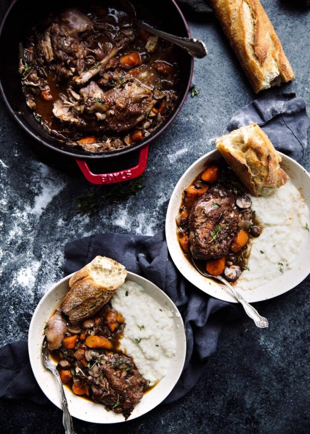 My absolute favorite comfort dish to make: Coq Au Vin with Cheesy Cauliflower Grits.