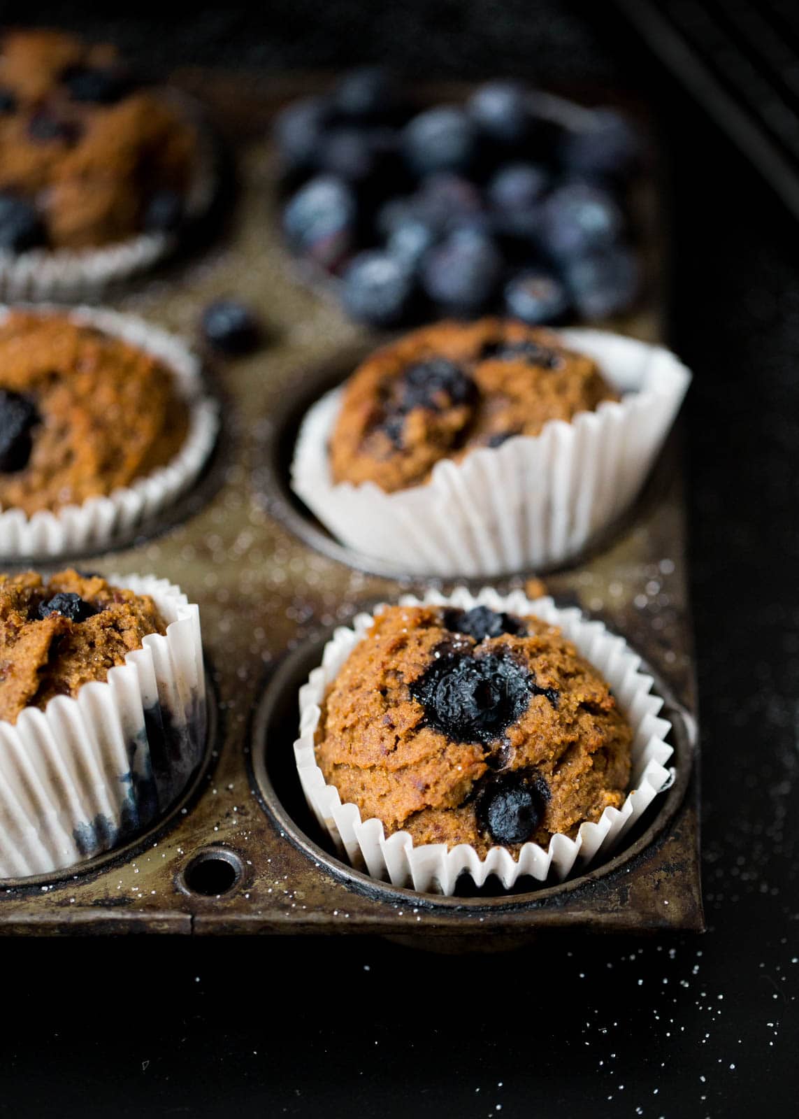 blueberry bran muffins in paper liners