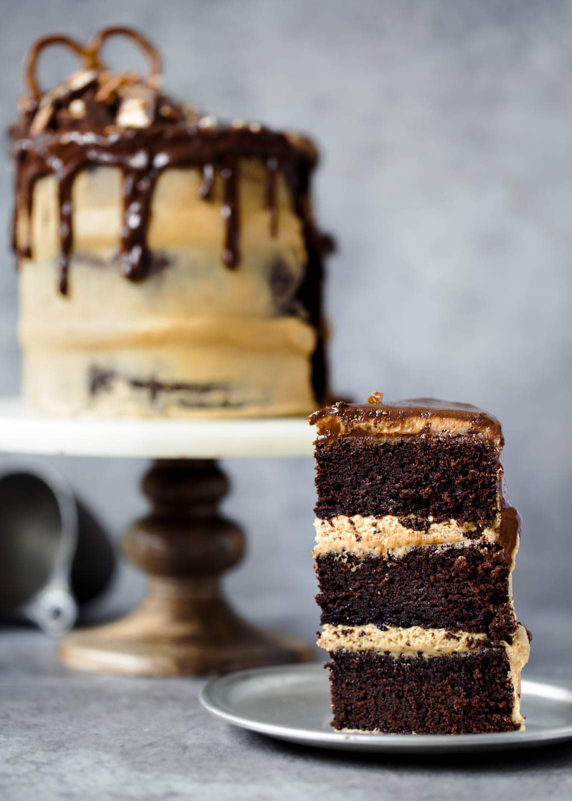 slice of Peanut Butter Chocolate Stout Cake on a plate