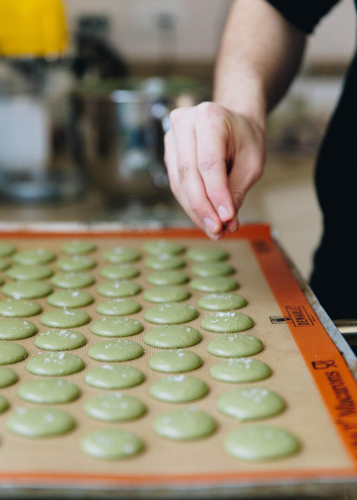 Pistachio macarons with a white chocolate pistachio ganache. Zomg.