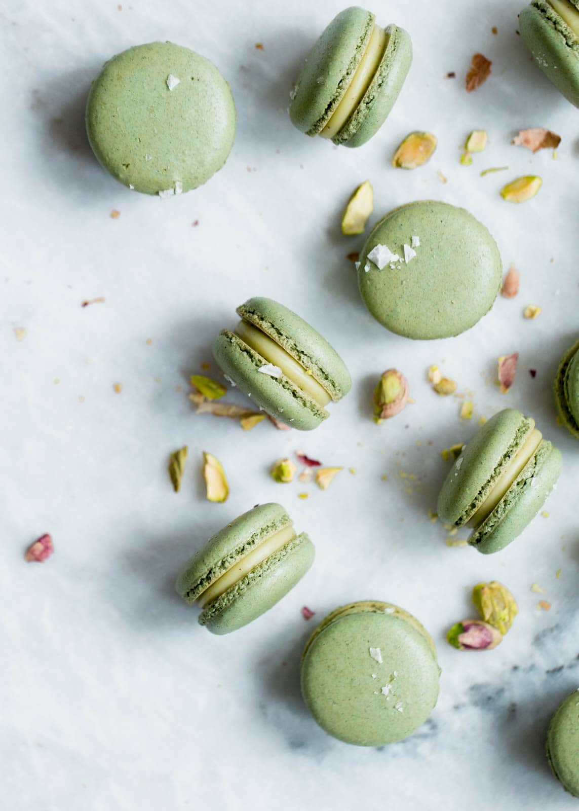Pistachio macarons with a white chocolate pistachio ganache. Zomg.