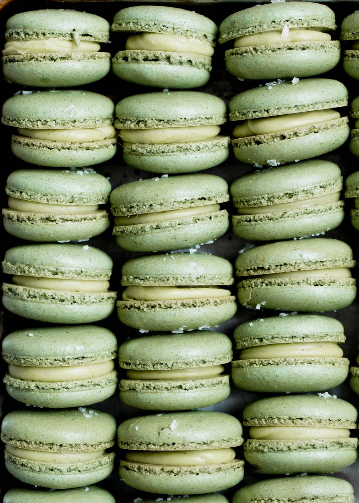 Pistachio macarons with a white chocolate pistachio ganache. Zomg.