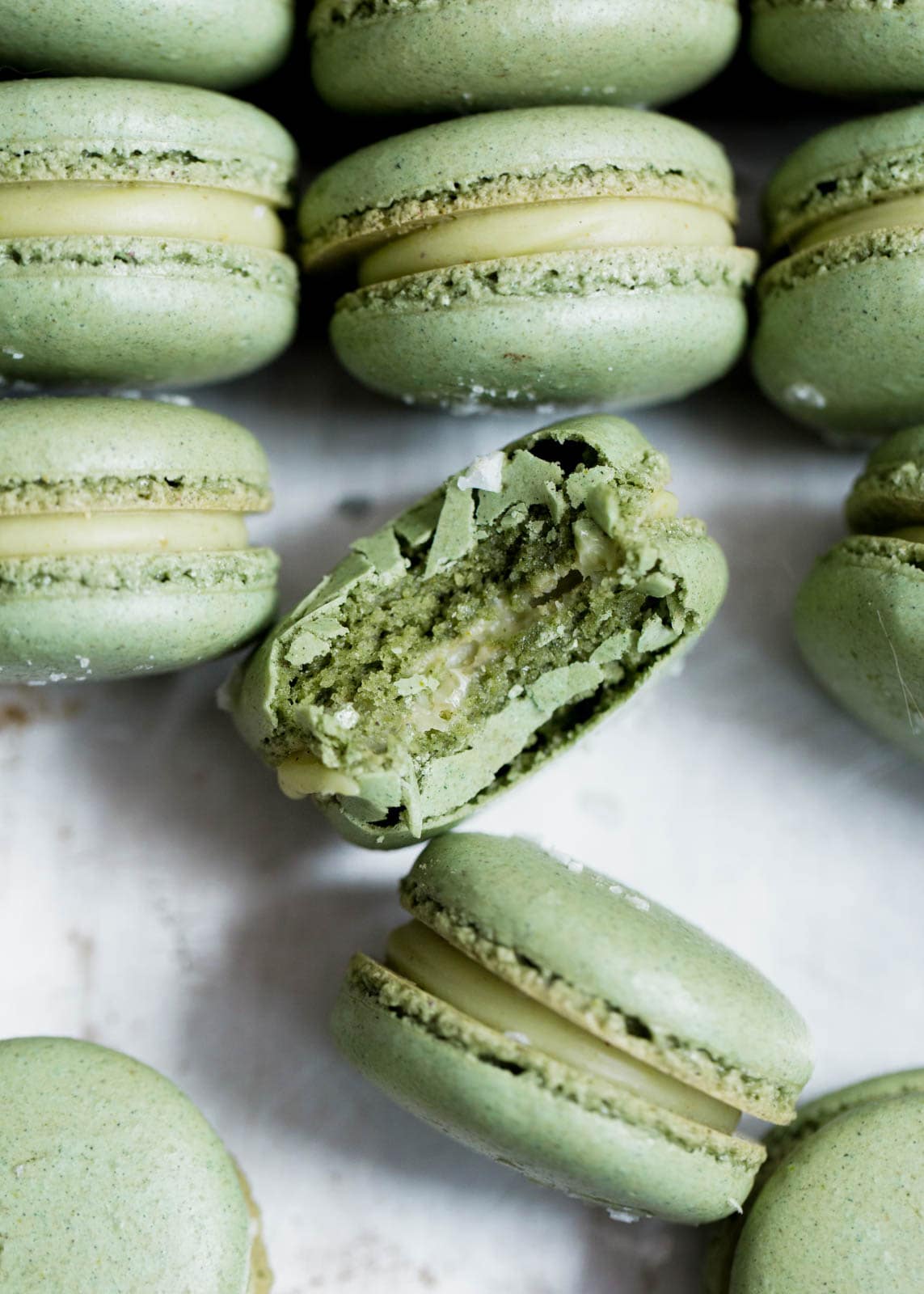 Pistachio macarons with a white chocolate pistachio ganache. Zomg.