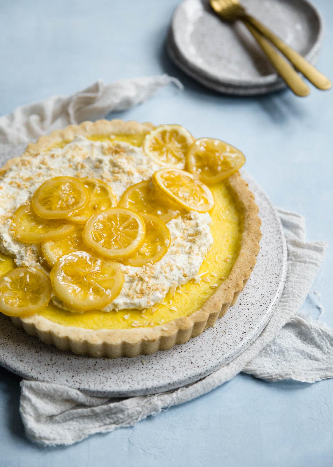 Lemon Coconut Tart with Whipped Vanilla Bean Crème Fraîche and candied lemons