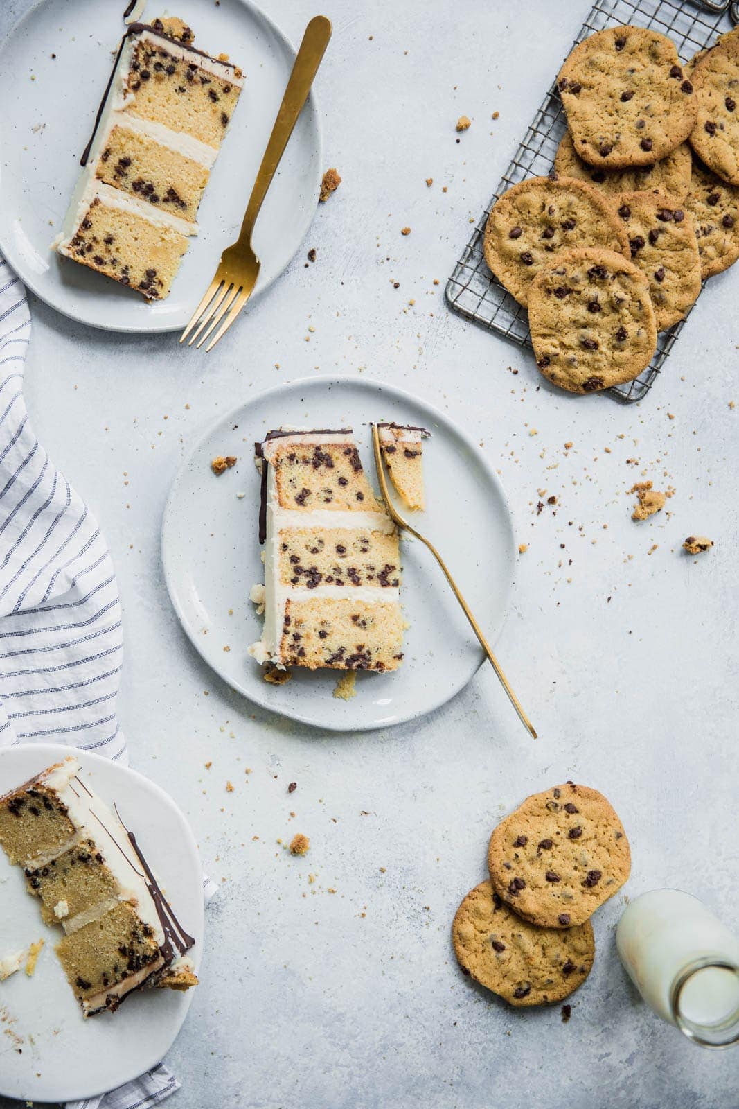 Chocolate chip cake slices on plates