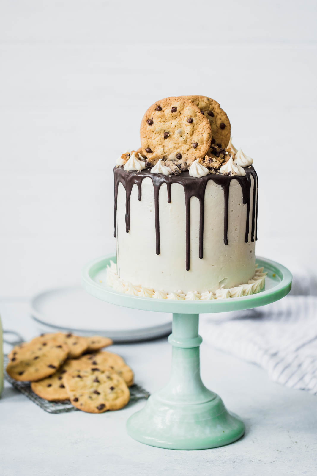 Chocolate chip cake on a cake stand