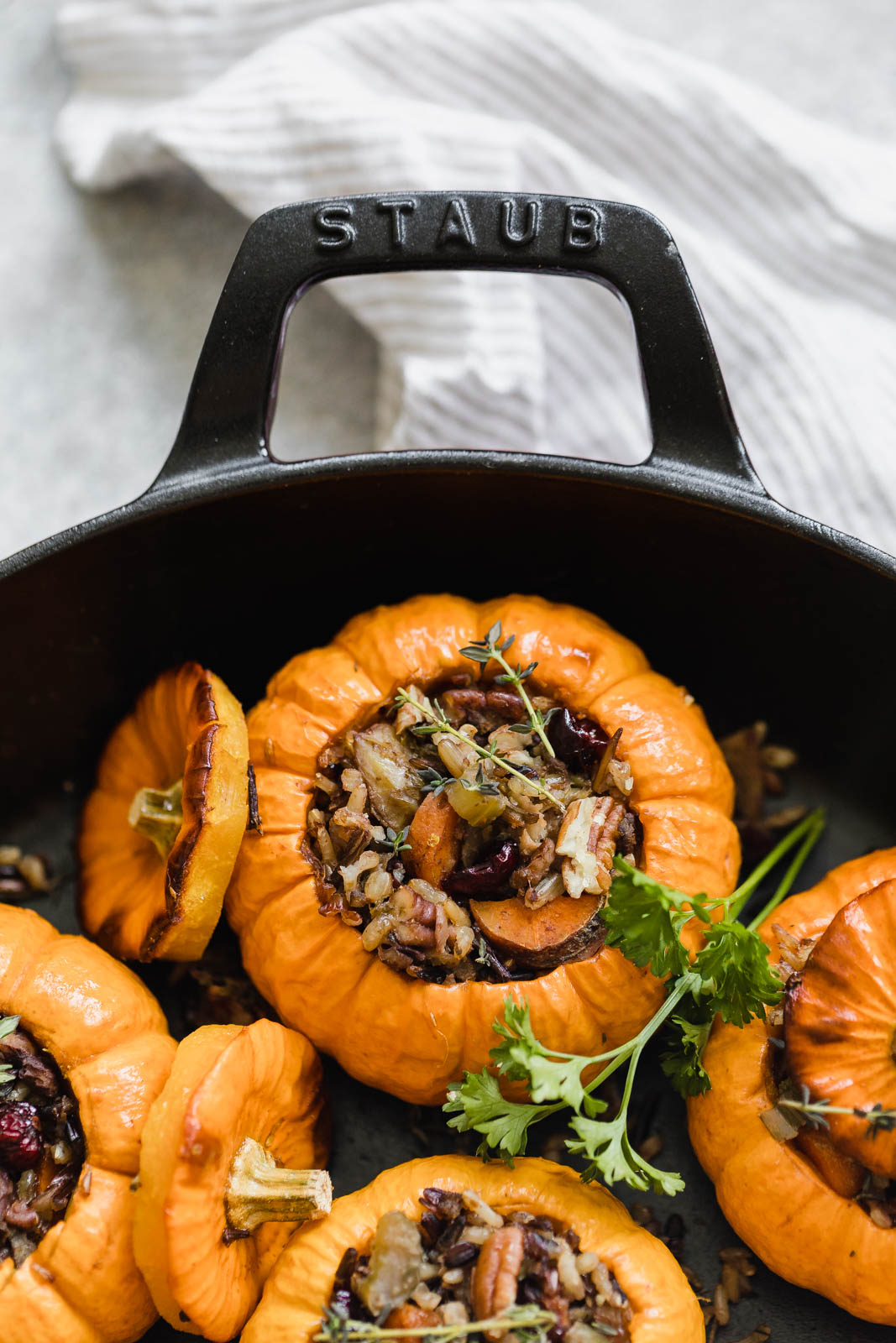 stuffed pumpkins in cast iron pan