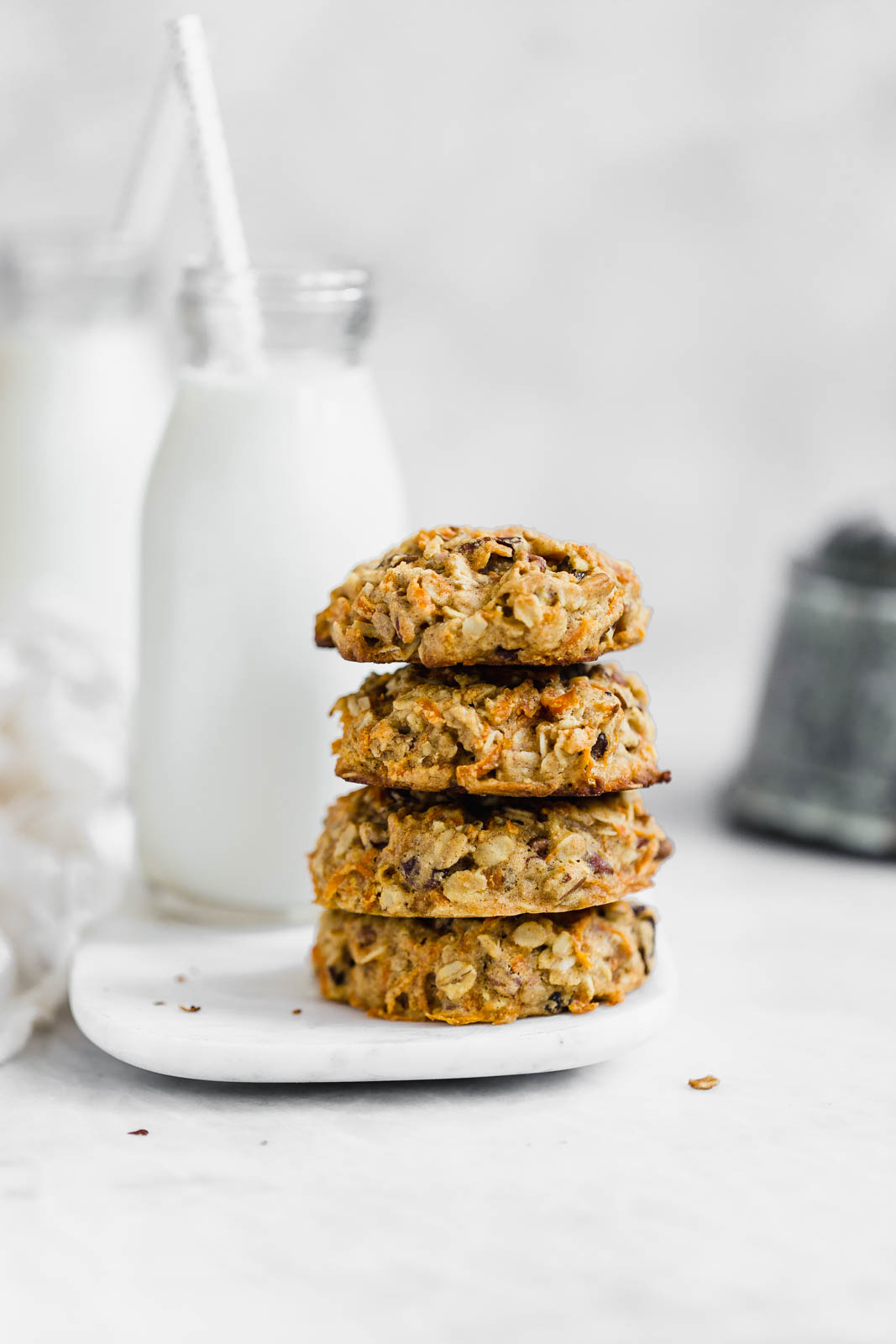 stacked breakfast cookies with milk