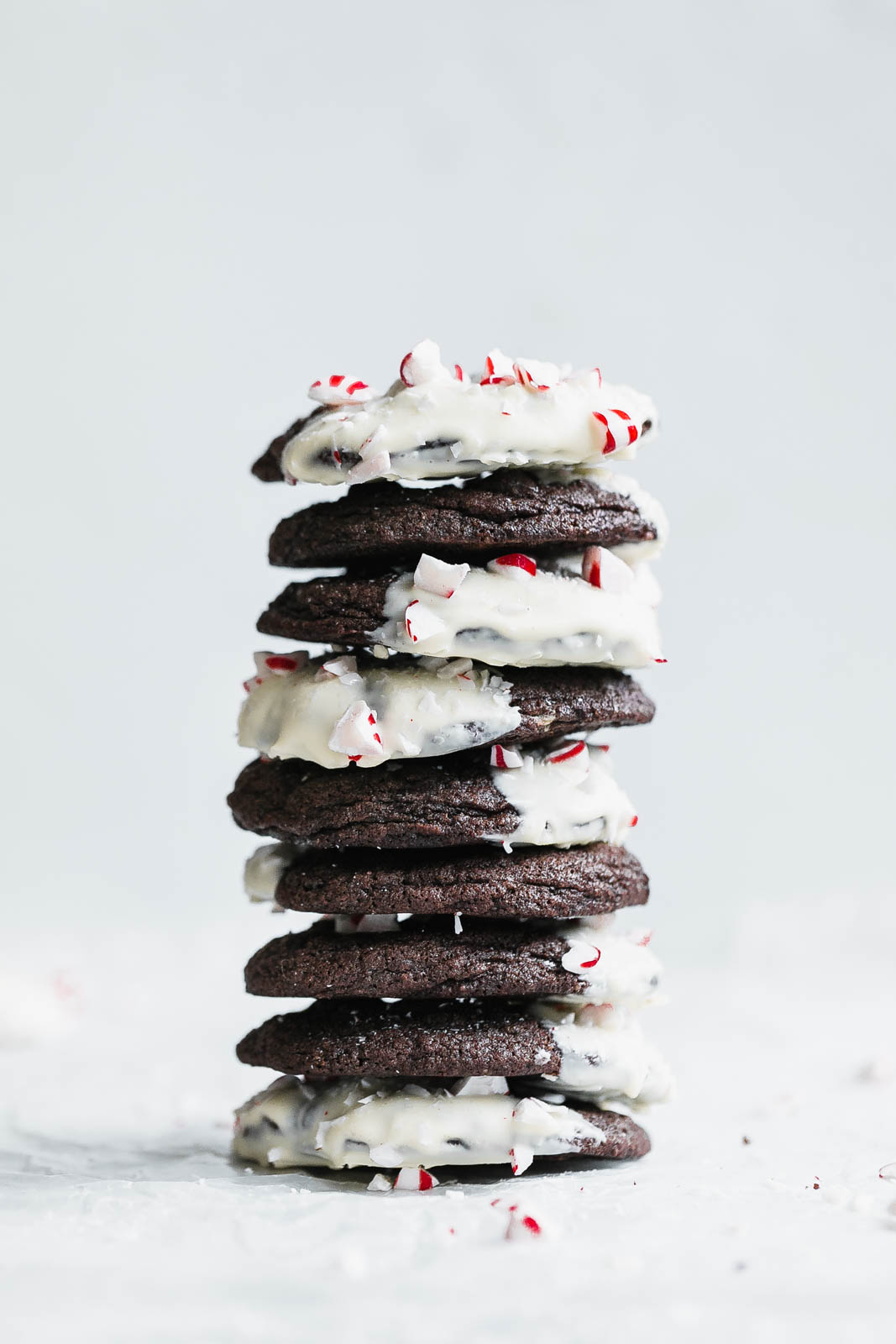 Double Chocolate Peppermint Cookies in a stack