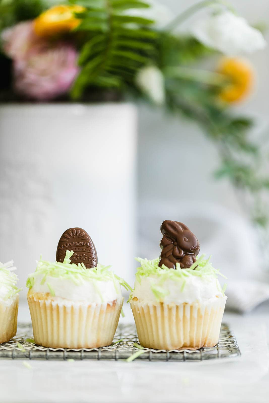 Easter Bunny Cupcakes on a wire rack