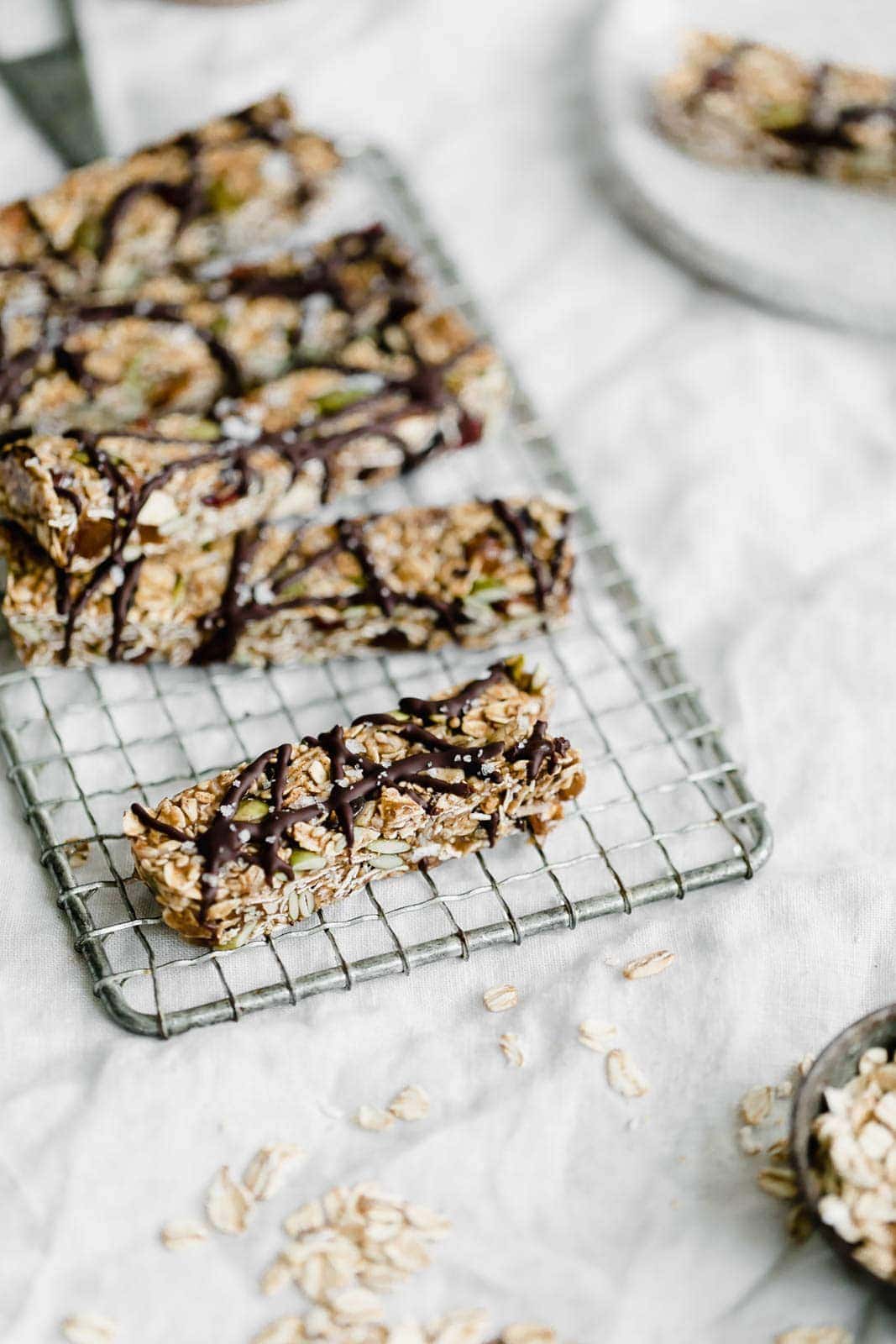 Raw Seedy Granola Bars made with oats, sunflower seeds, pepitas, sesame seeds, almonds, apricots, and honey, topped with a drizzle of dark chocolate