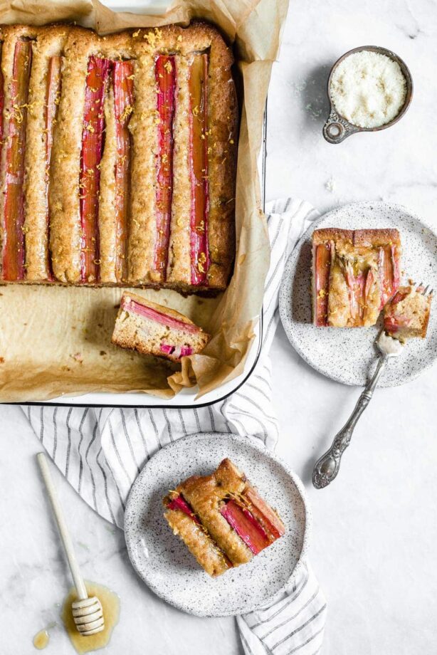 A rustic rhubarb almond honey cake with a hint of orange zest and wildflower honey. A perfect one-bowl snack cake ready in just 45 minutes!