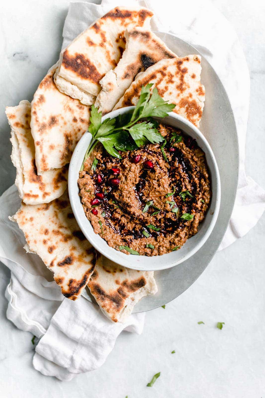 Muhammara (Roasted Red Pepper Walnut Dip) with pita bread