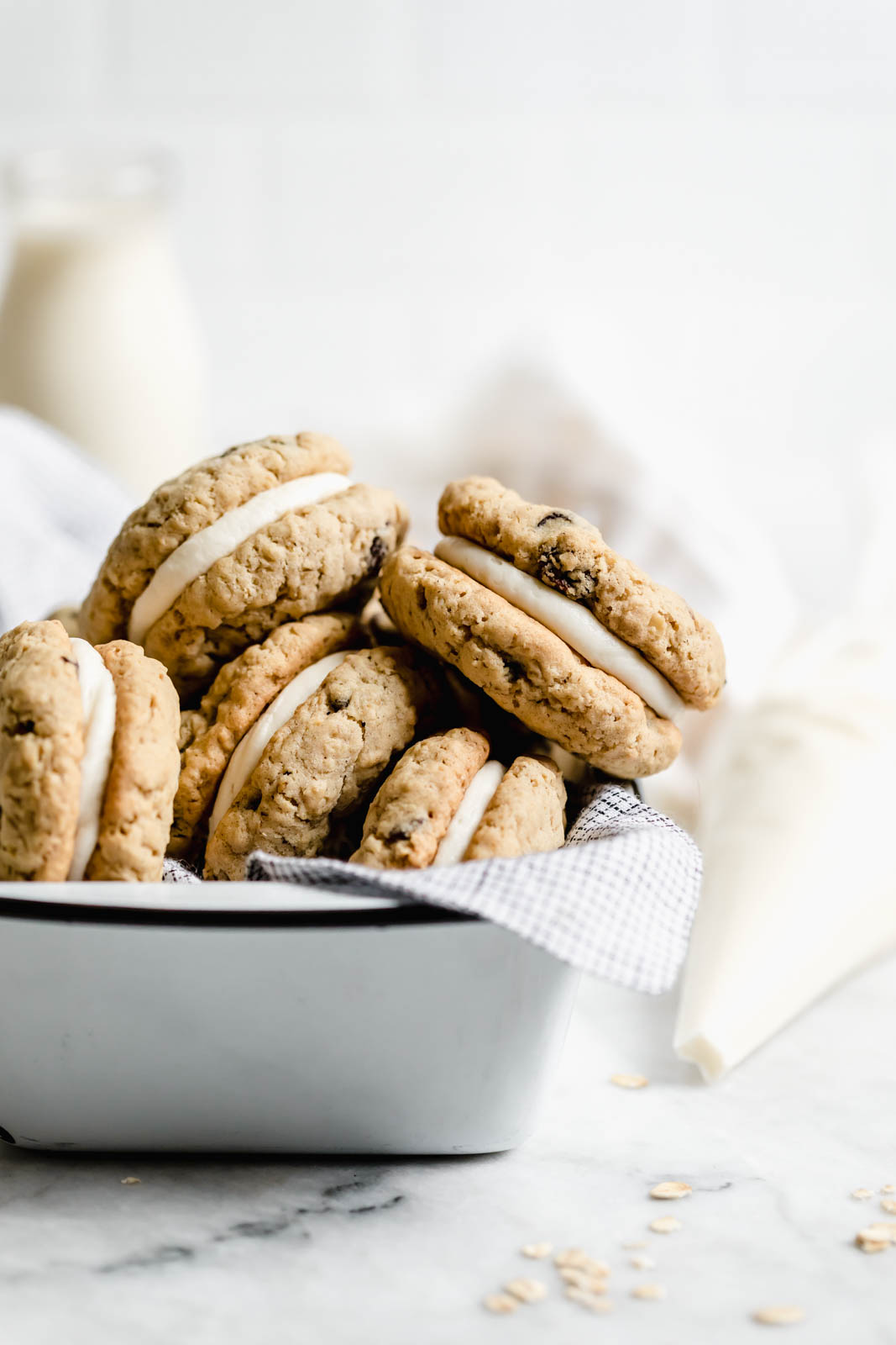 oatmeal whoopie pies with cream cheese frosting in a baking dish