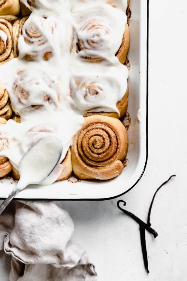 The softest, most perfect Cinnamon Buns I've ever had, made with vanilla beans and a cream cheese frosting. Well worth the effort!!!
