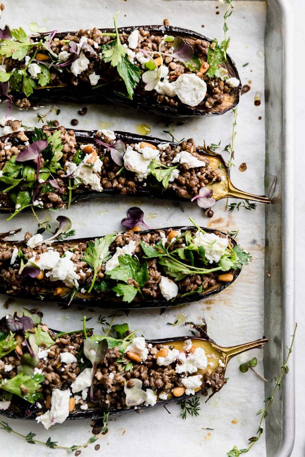 Roasted Baby Eggplant with Goat Cheese and Lentils is a simple, hearty, and satisfying dish you'll want to make every weeknight this winter!