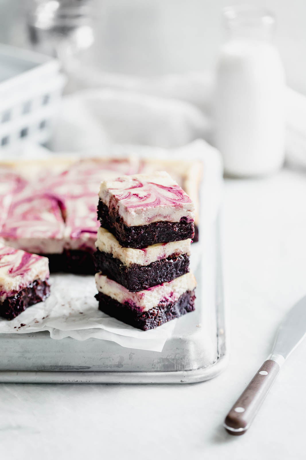 Rich fudge brownies topped with creamy cheesecake and a sinful black cherry swirl. Easy to make and even easier to devour.