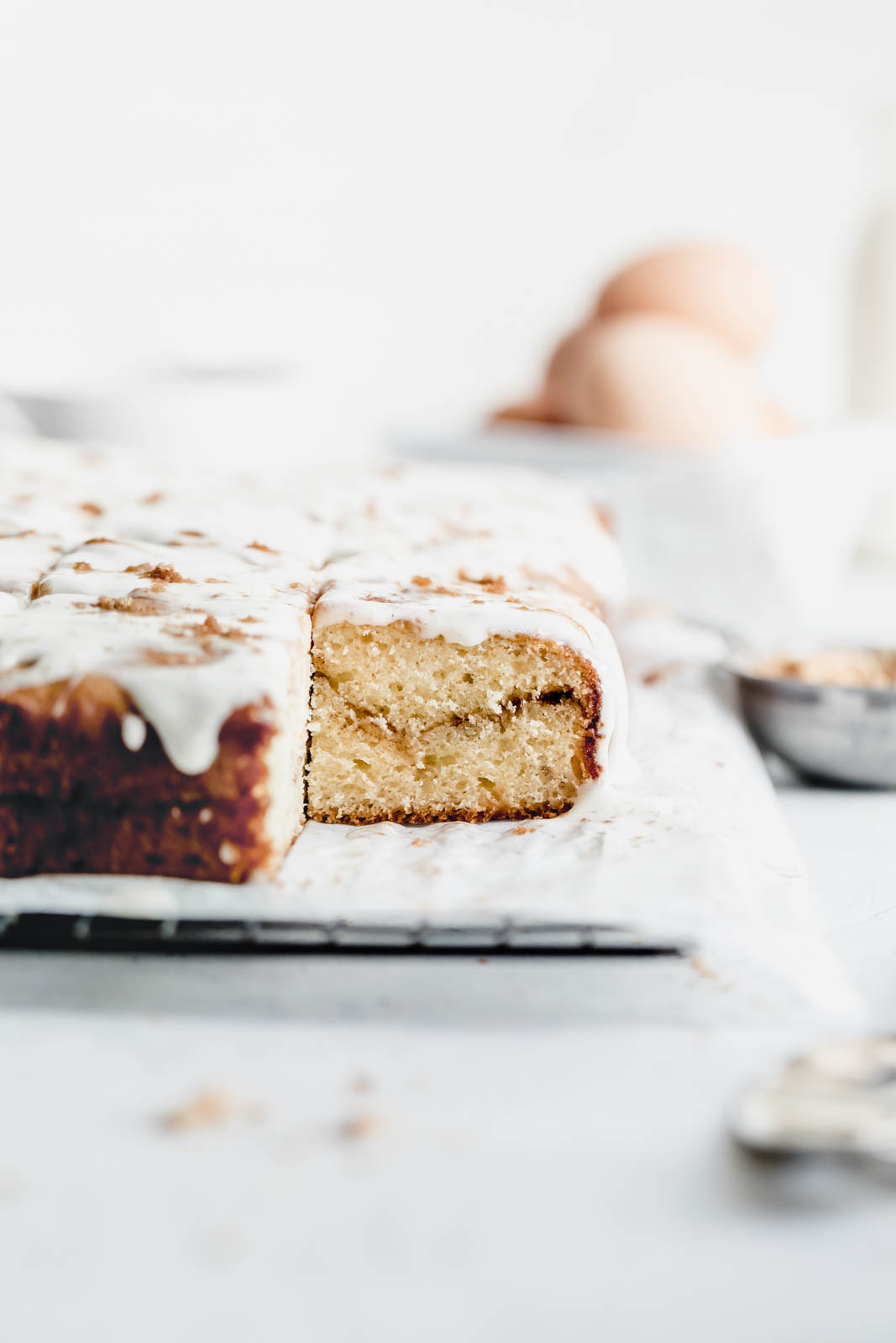 Buttery cinnamon roll cake swirled with ribbons of cinnamon and topped with a cream cheese glaze. All the decadence of a Cinnabon in half the time.