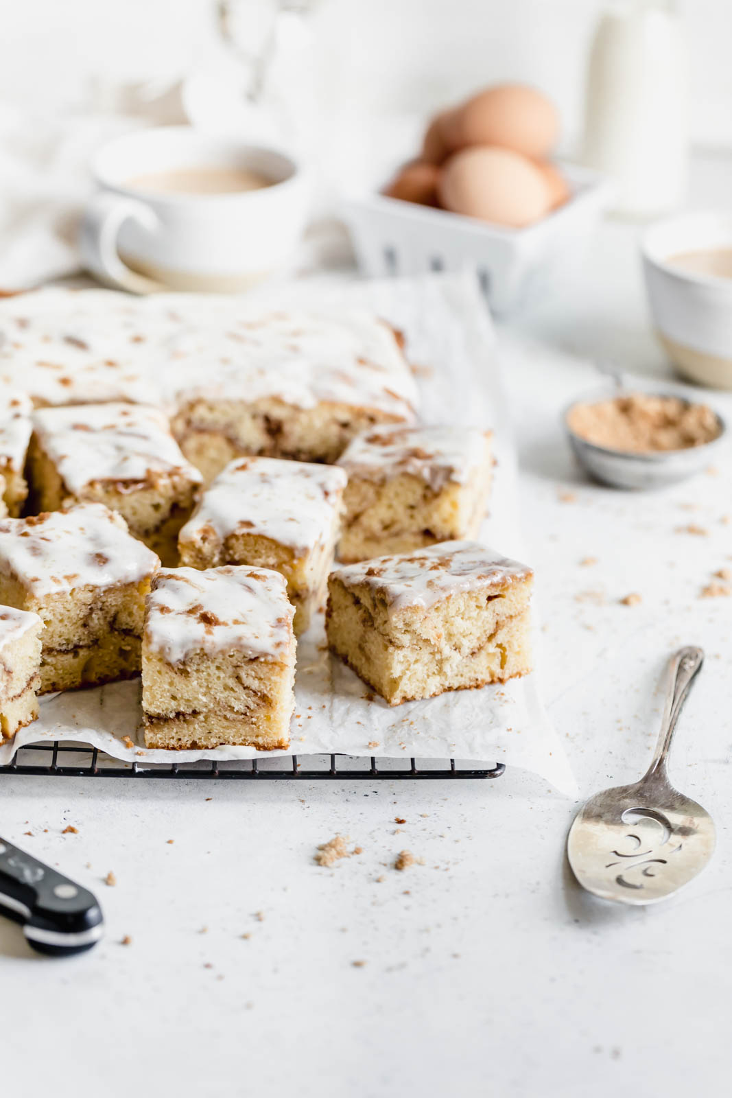 Buttery cinnamon roll cake swirled with ribbons of cinnamon and topped with a cream cheese glaze. All the decadence of a Cinnabon in half the time.