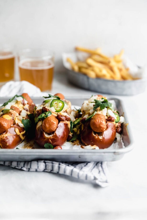 vegan chili cheese dogs with a homemade cashew queso