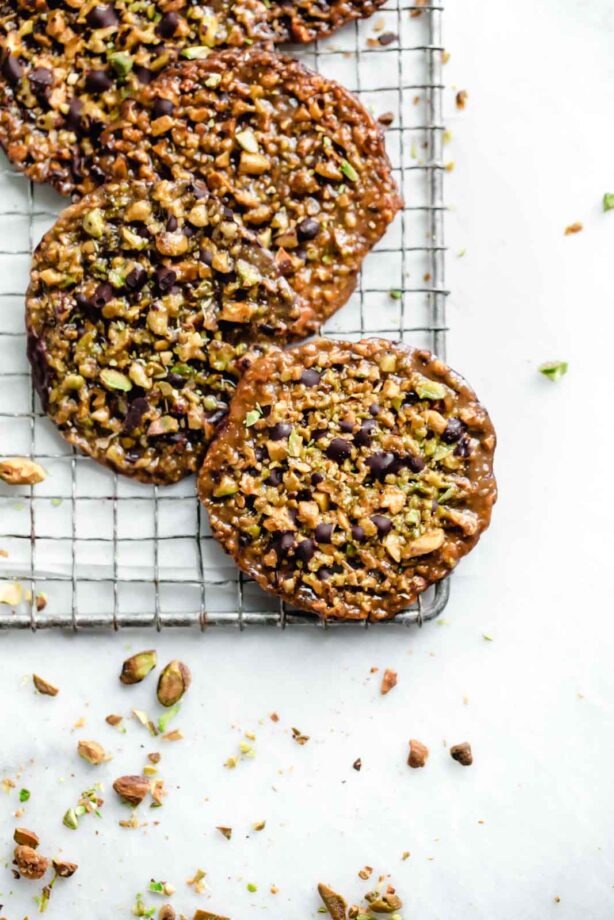 homemade lace cookies coated in chocolate
