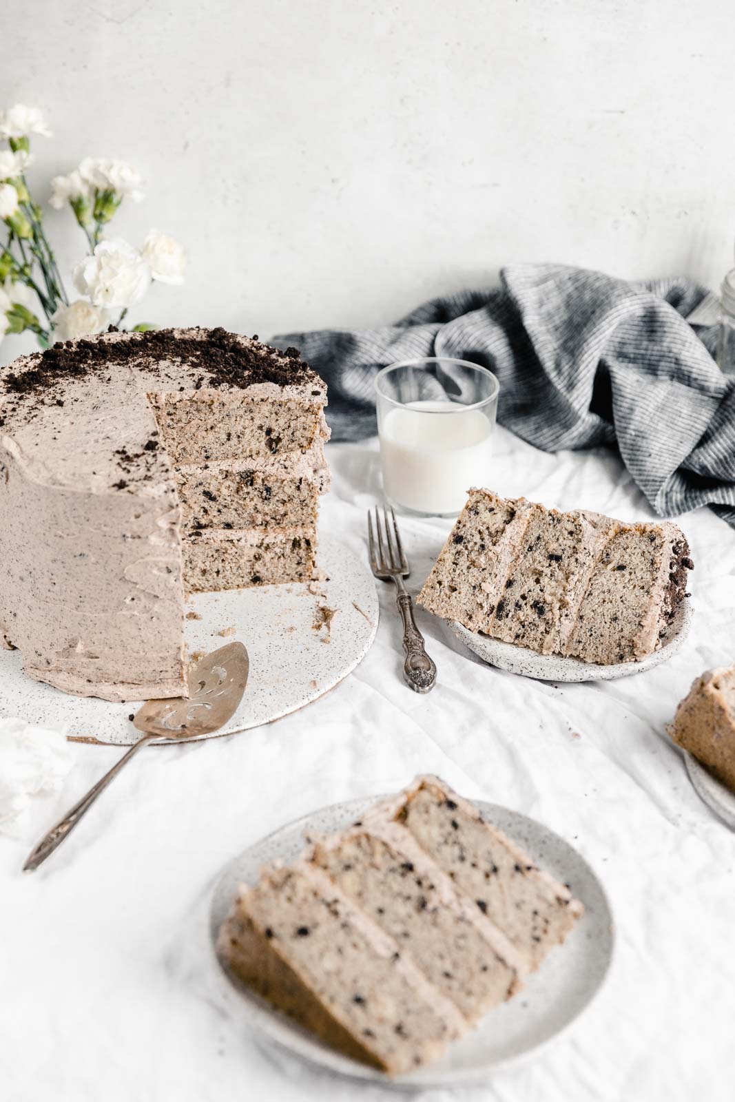 coffee oreo layer cake with slices on plates
