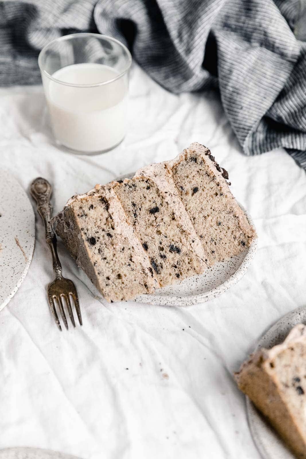 slice of oreo cake with coffee frosting