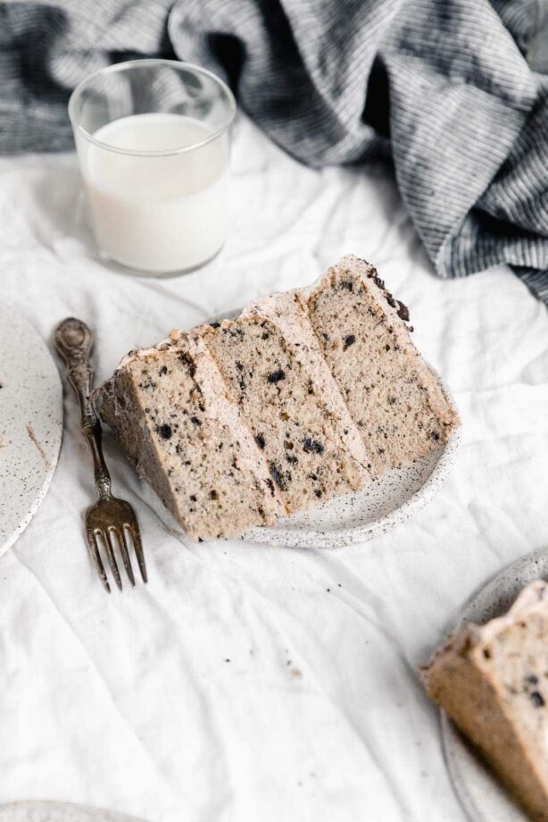 slice of oreo cake with coffee frosting