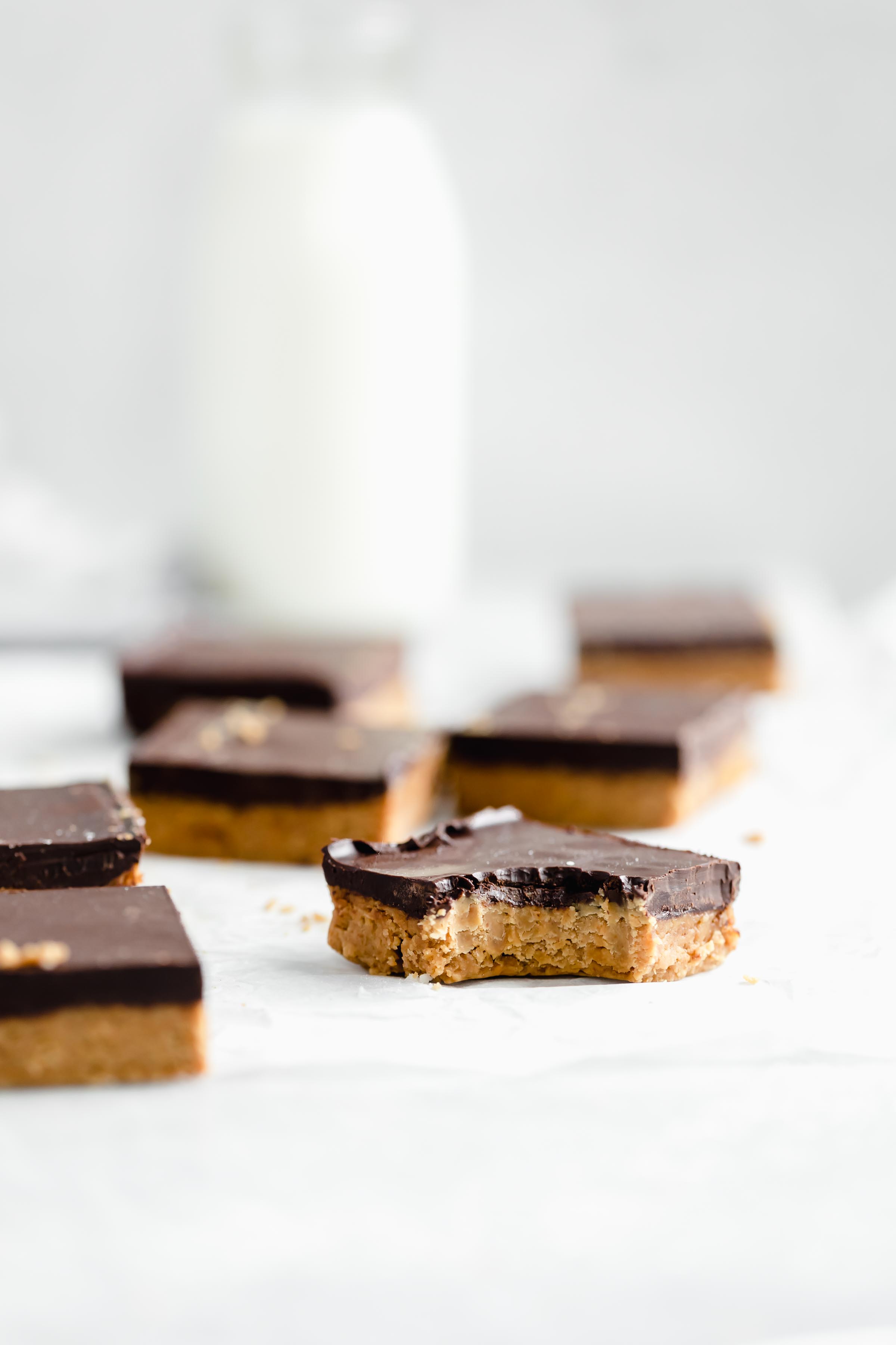 Easy and healthy no bake chocolate peanut butter squares made with just 4 ingredients! Tastes just a like a Reeses peanut butter cup without all the sugar!