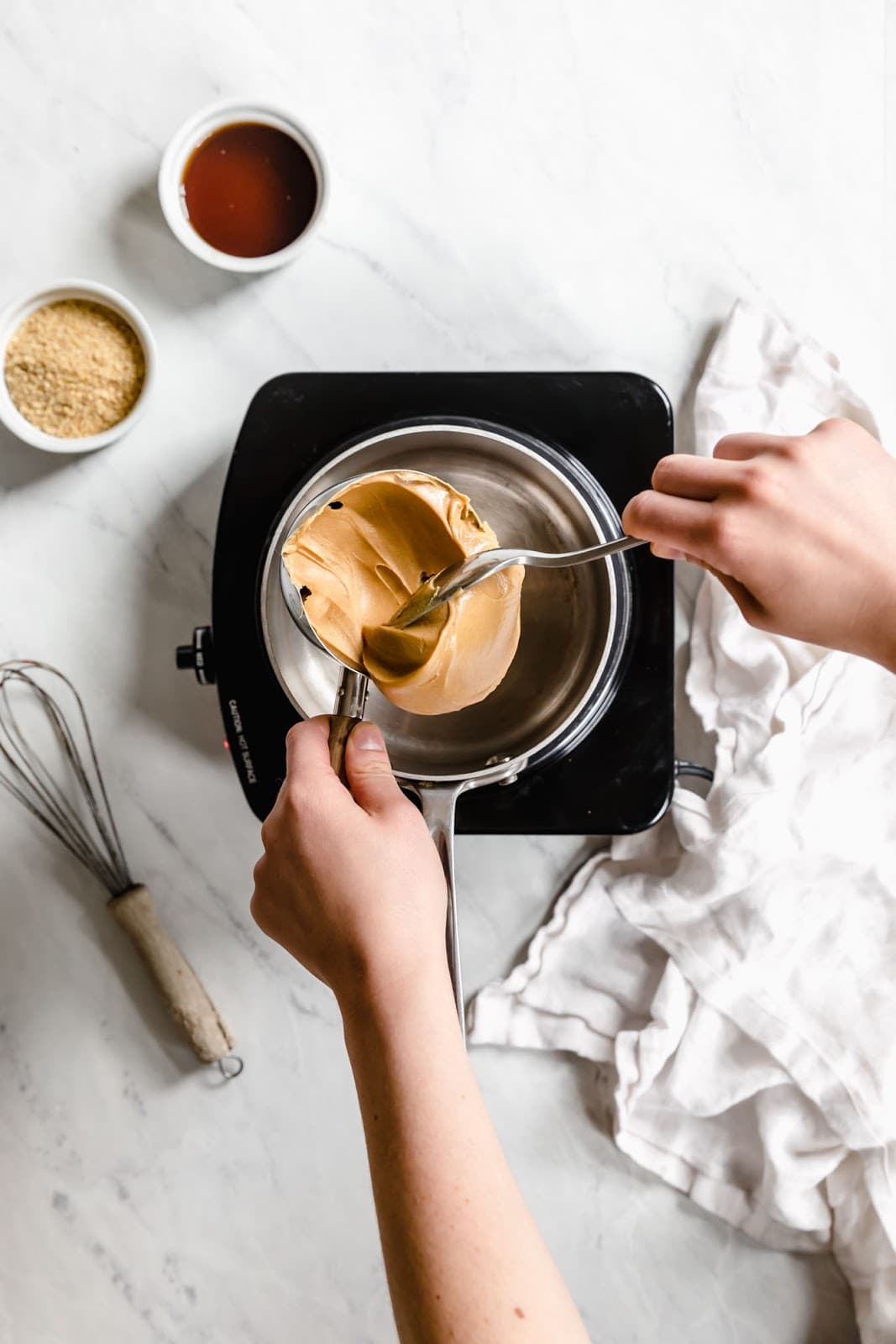step one, melt peanut butter in stove