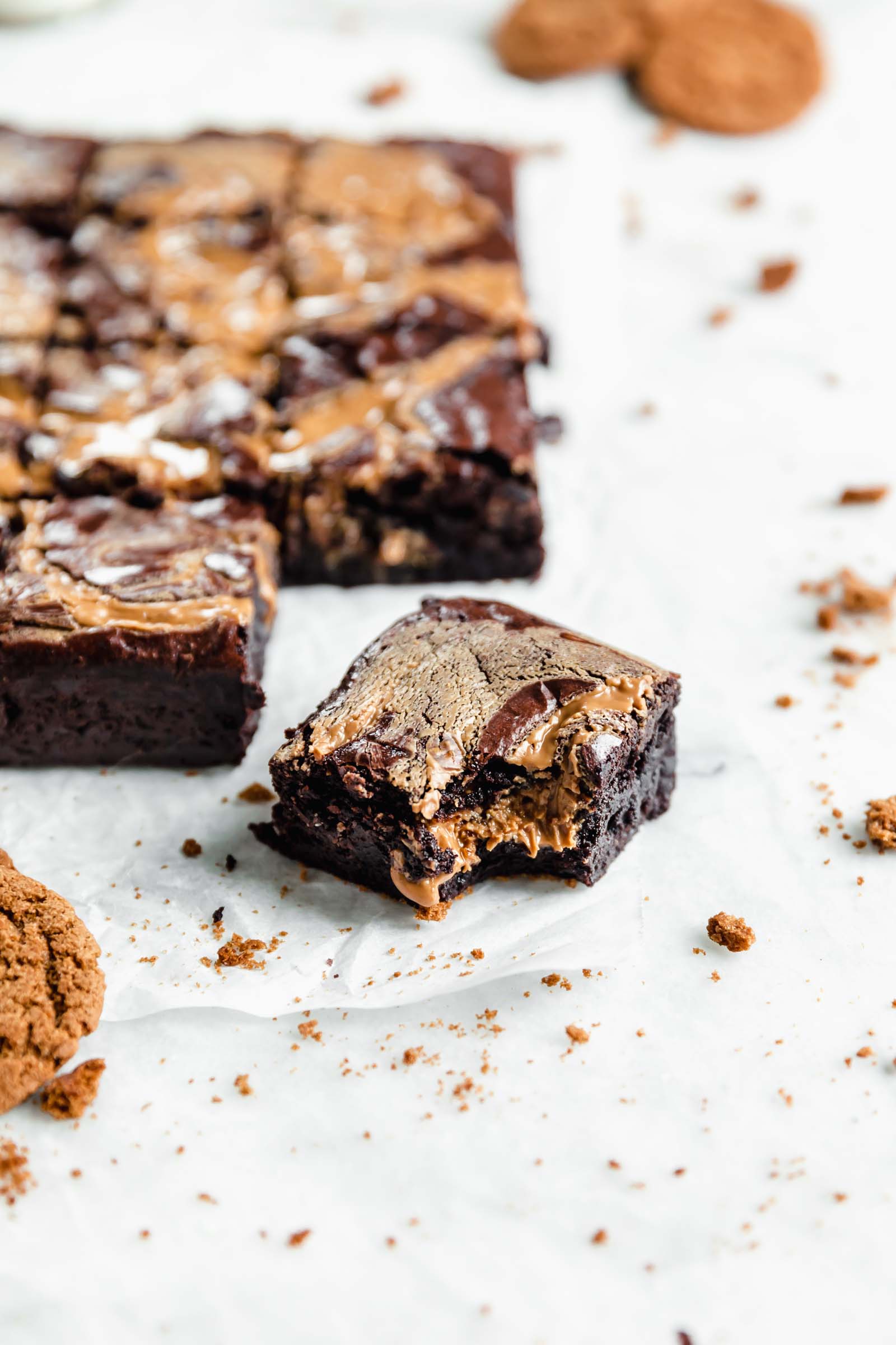 fudgy cookie butter swirled brownie with a bite taken out of it