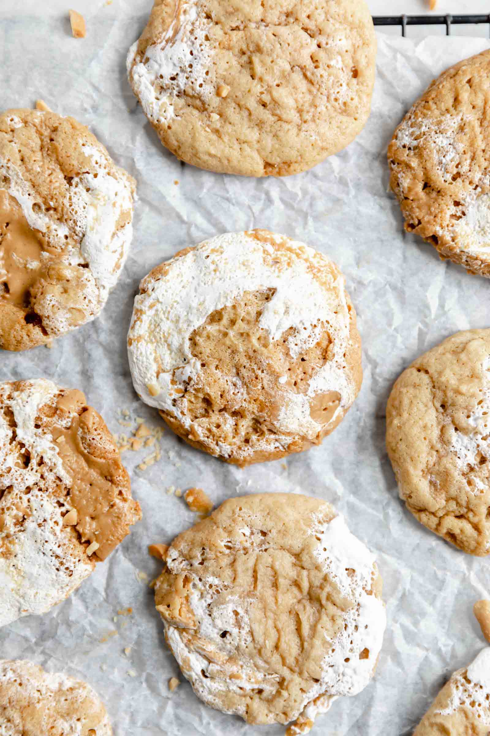 fresh fluffernutter cookies on parchment paper