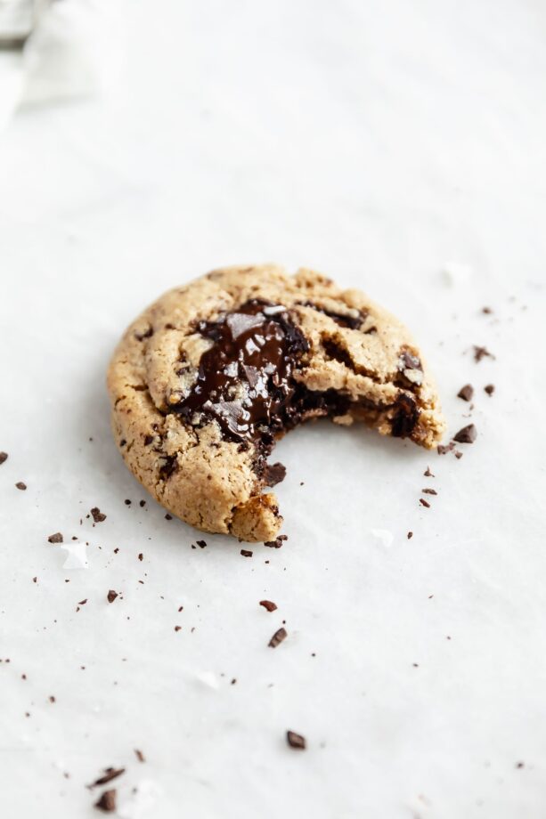 healthy chocolate chip cookie with bite taken out