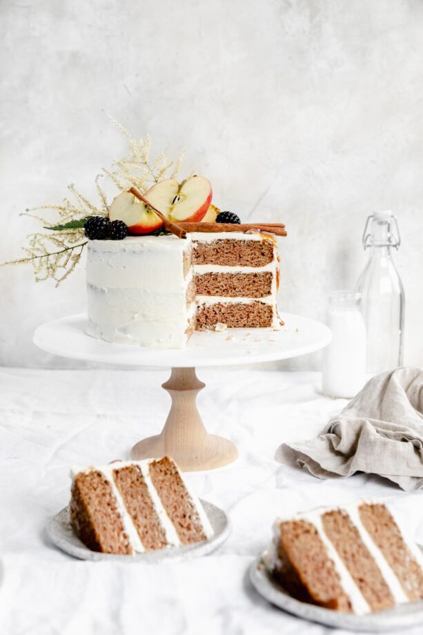 caramel apple cake with two slices on plates