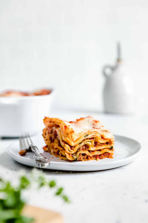 piece of homemade meat lasagna with fork