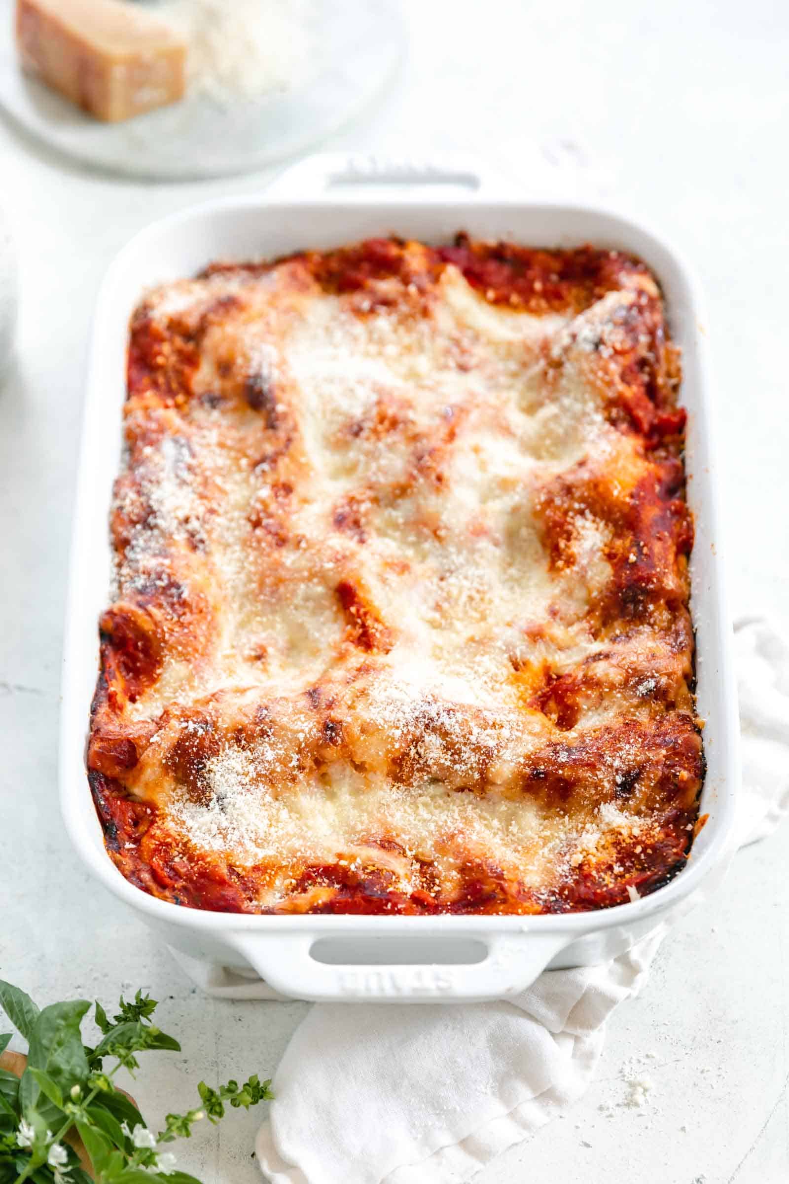 overhead shot of cheesy meat lasagna