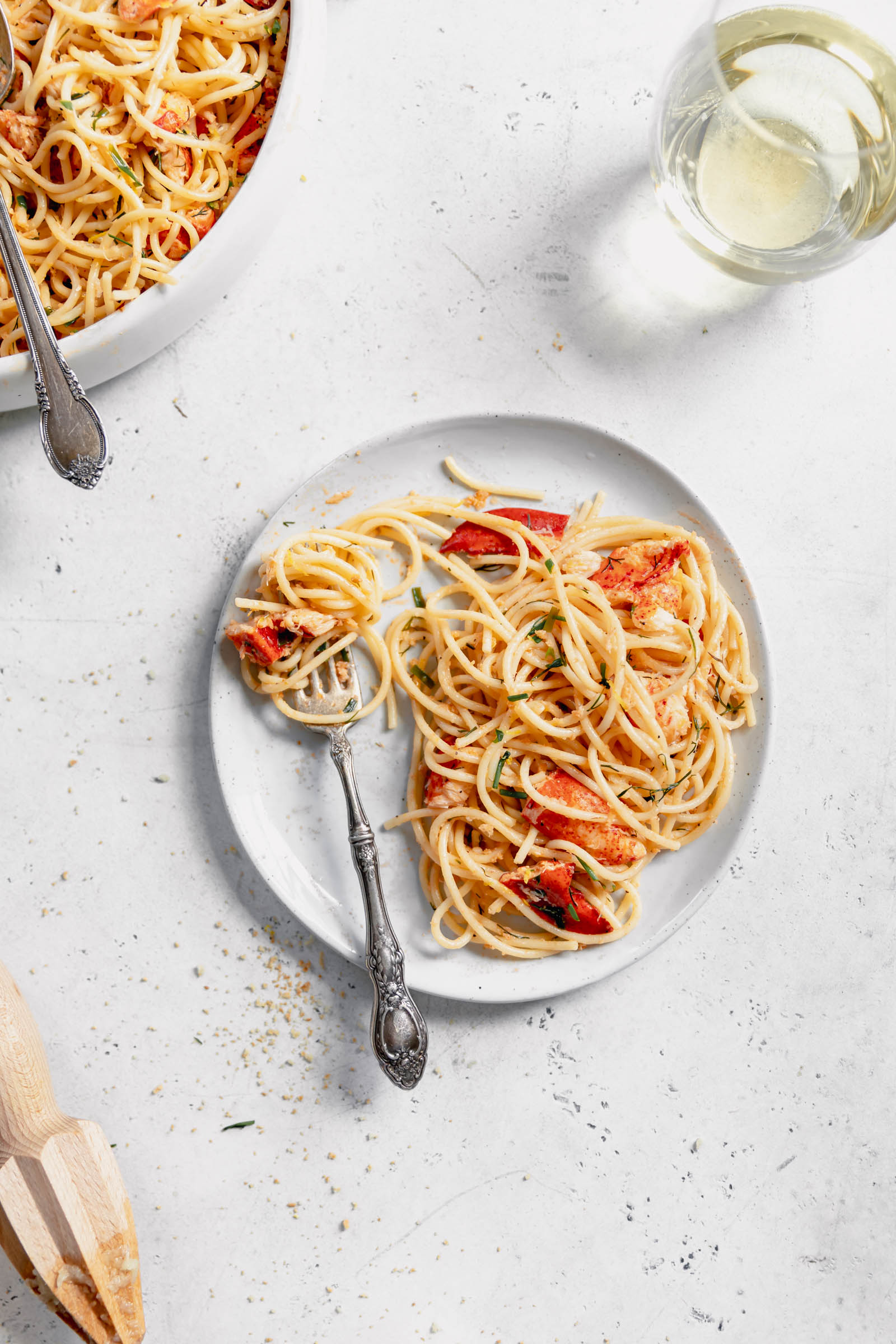 lobster pasta on a plate with fork