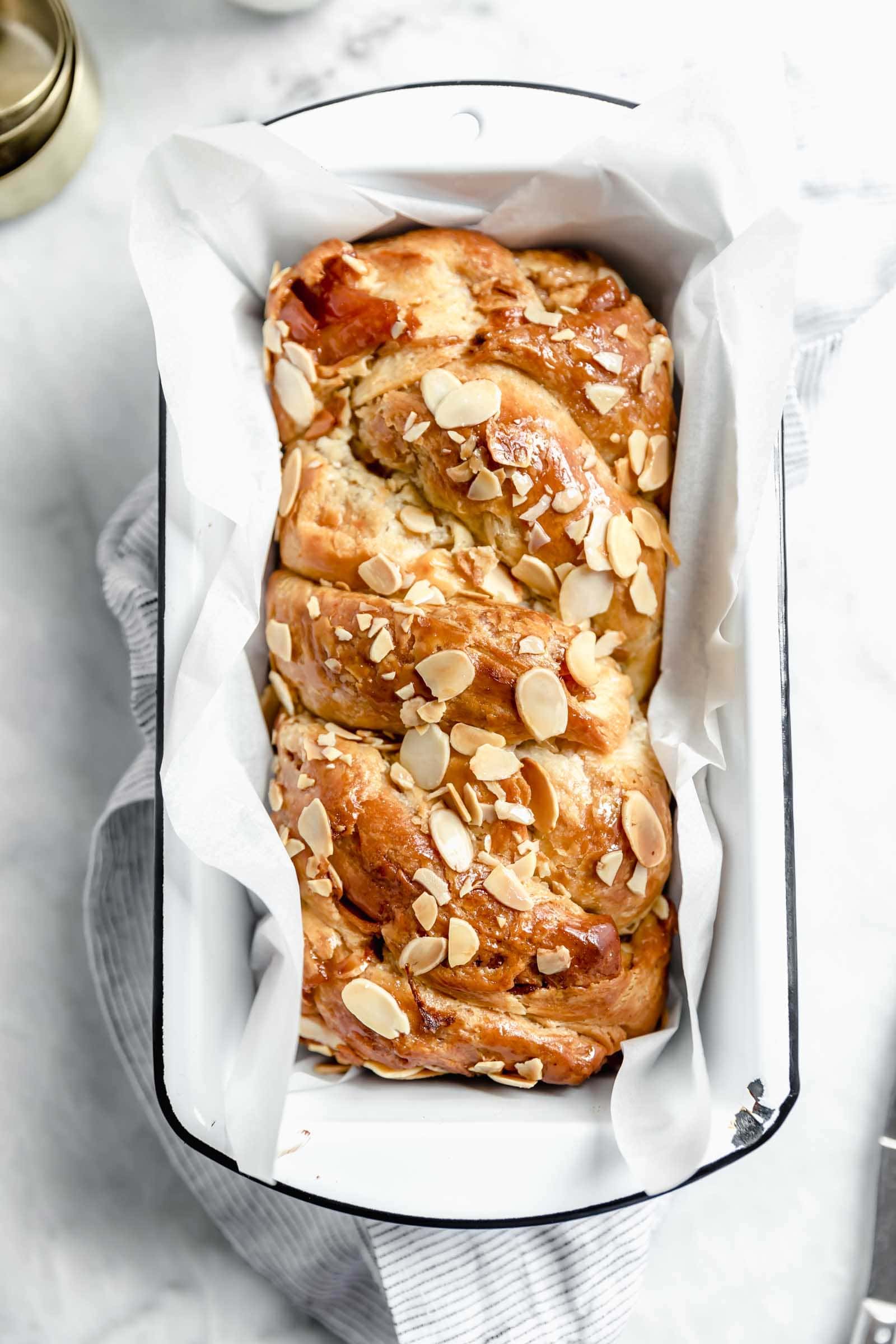 overhead shot of cinnamon apple babka in loaf pan