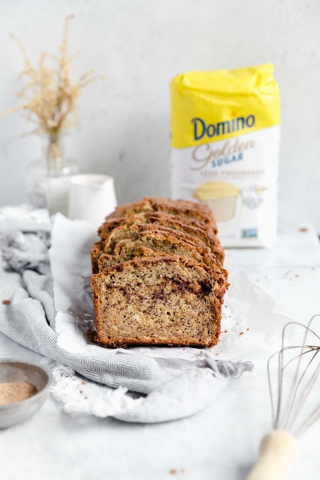 cinnamon sugar swirl banana bread cut into slices head on