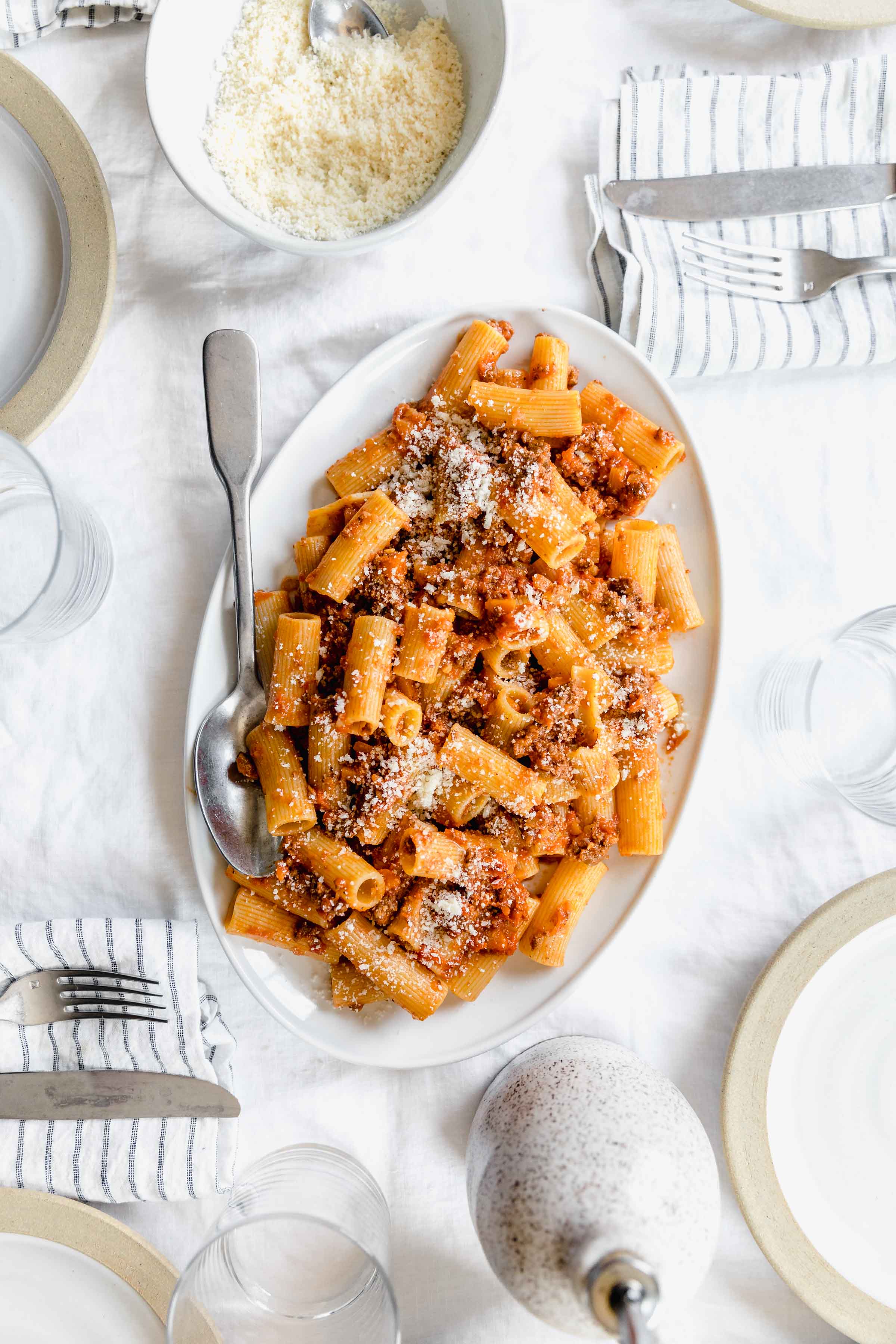 overhead shot of classic bolognese on dish with spoon