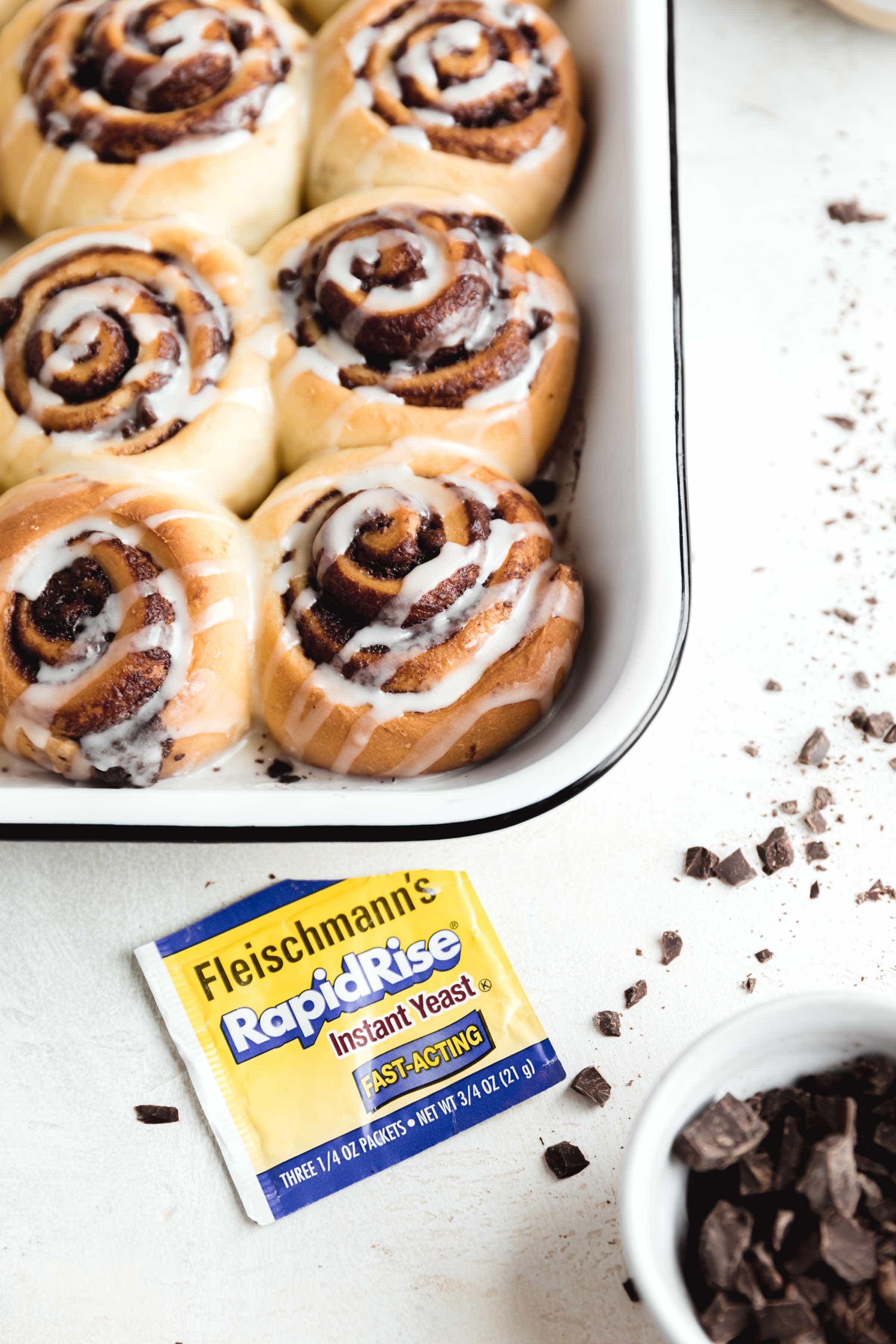 pan of chocolate cinnamon rolls with fleischmann's rapidrise yeast!