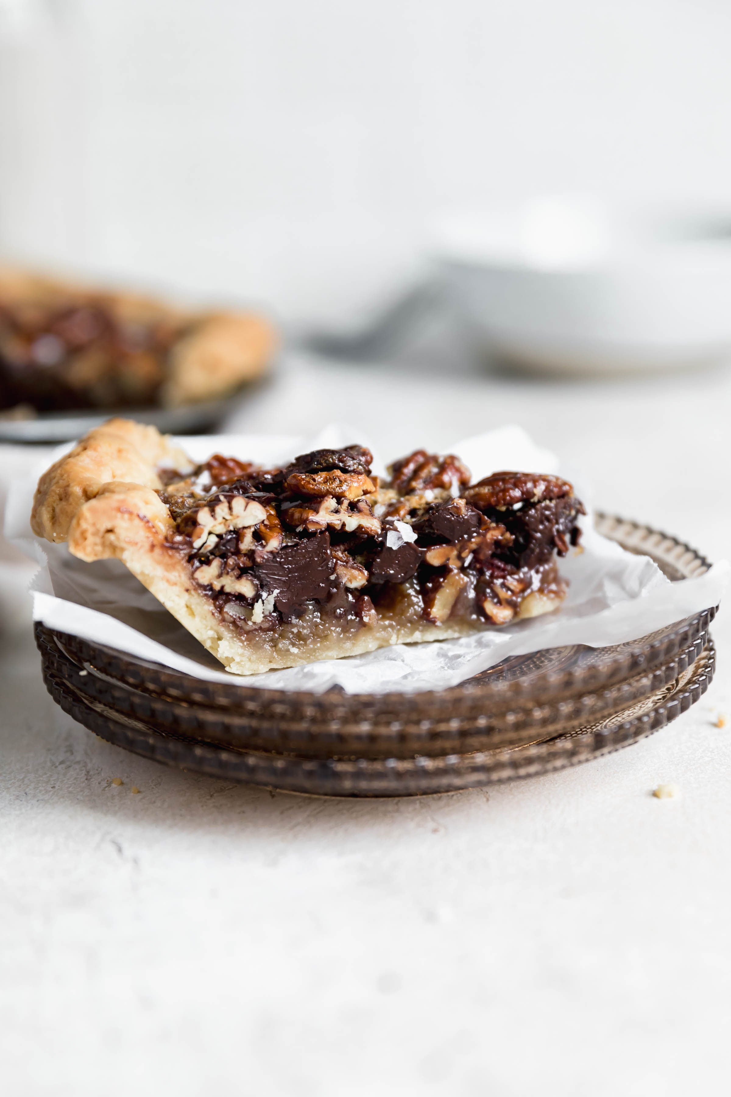 slice of bourbon chocolate pecan pie