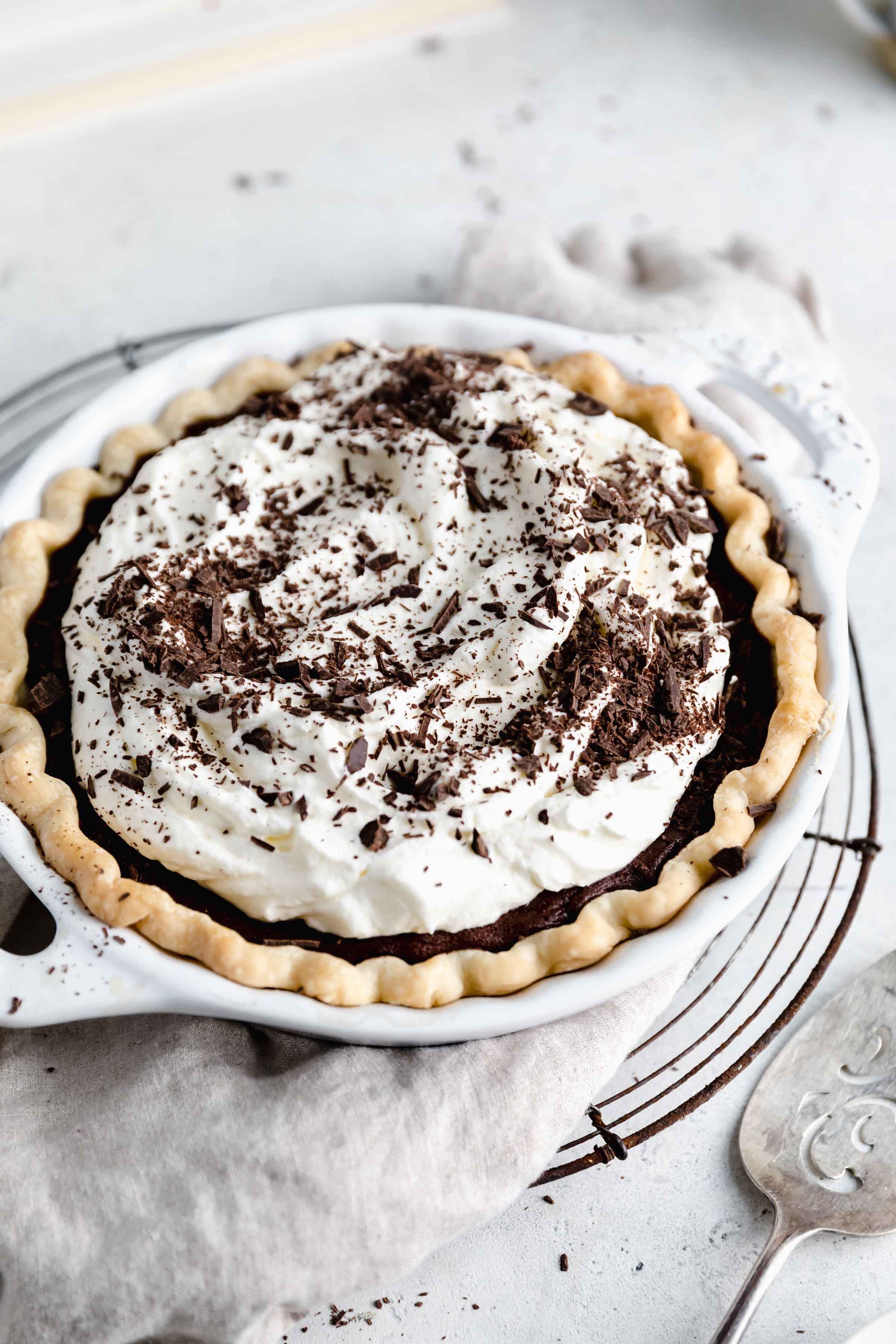 overhead shot of chocolate cream pie topped with chocolate shavings