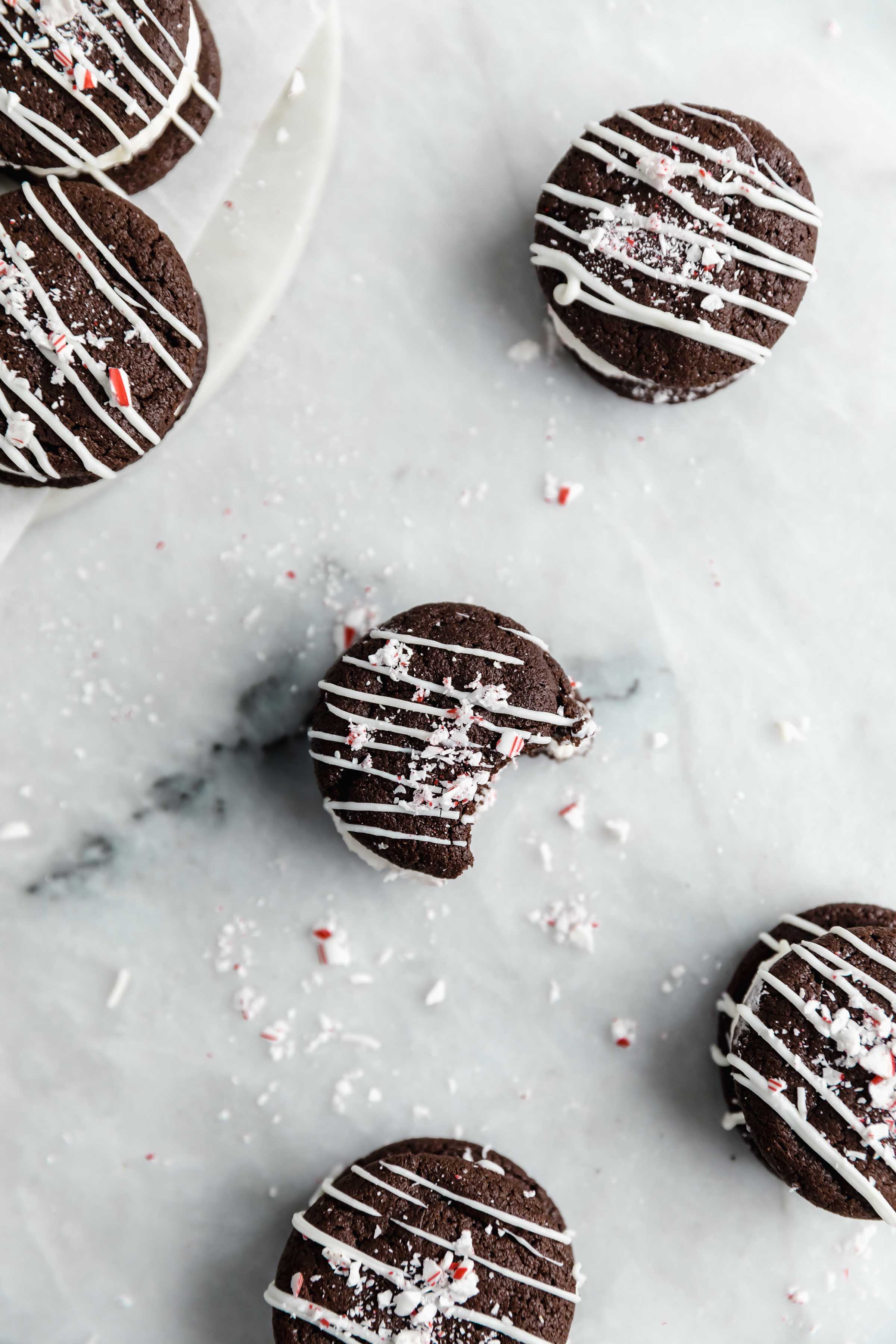 overhead shot of chocolate peppermint sandwich cookies
