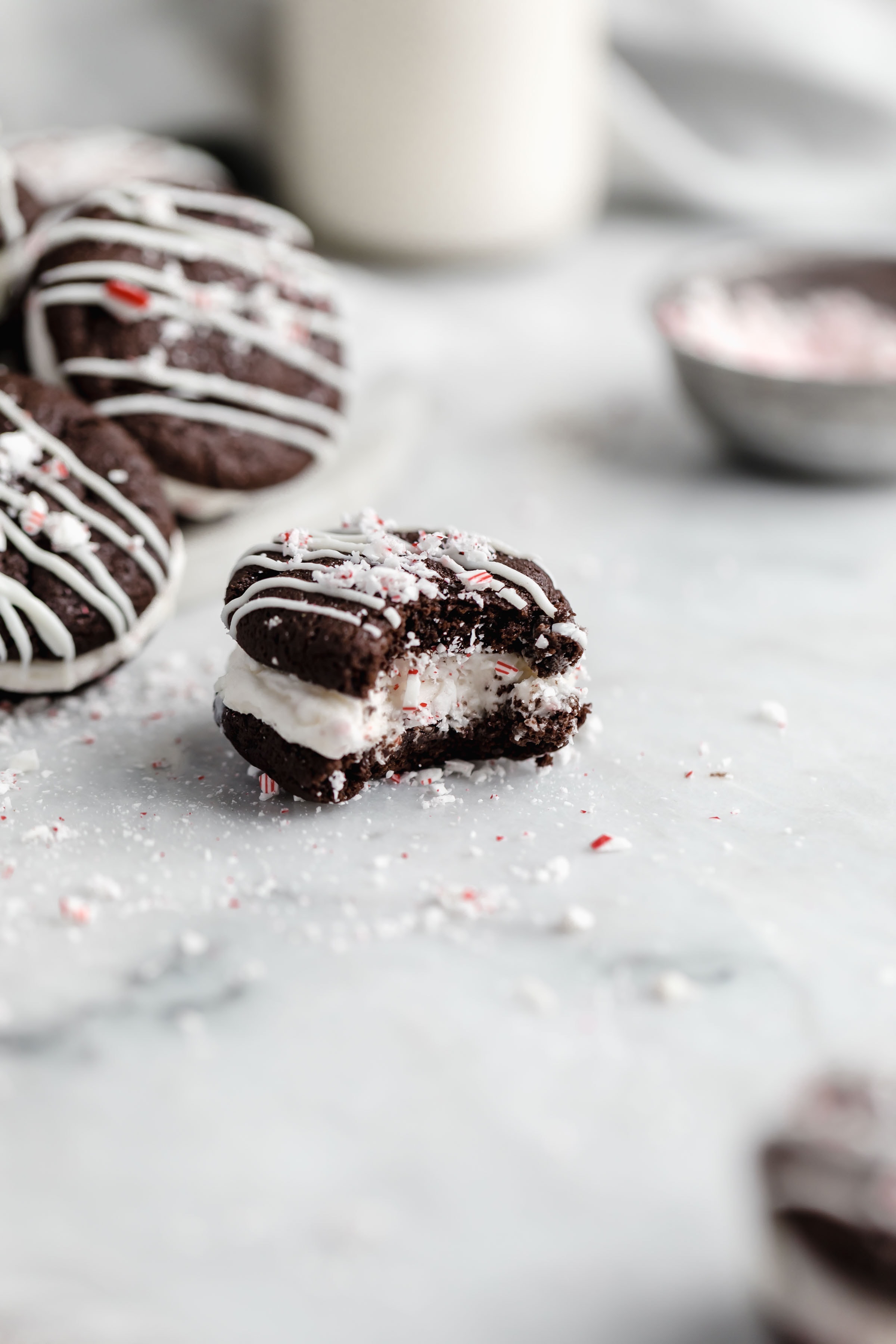 bite shot of chocolate peppermint sandwich cookies