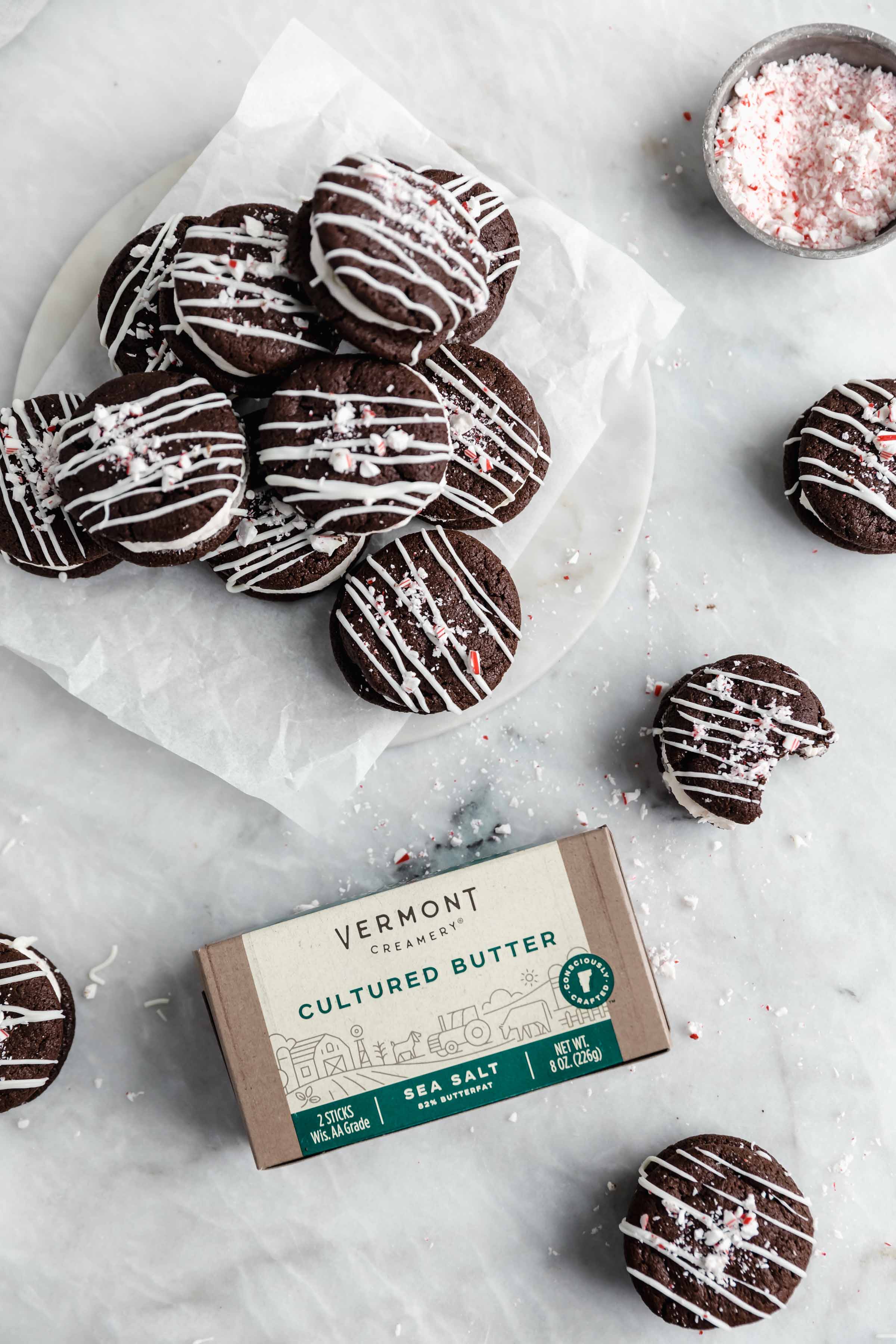 overhead shot of chocolate sandwich cookies with candy cane peppermint filling