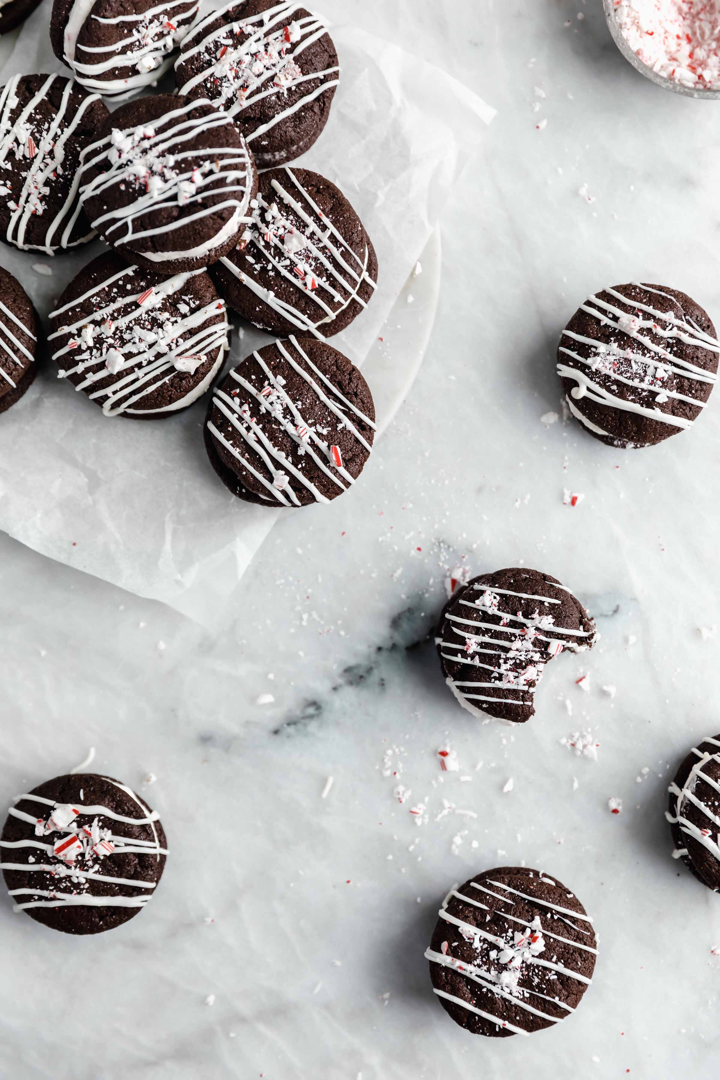 overhead shot of chocolate peppermint sandwich cookies