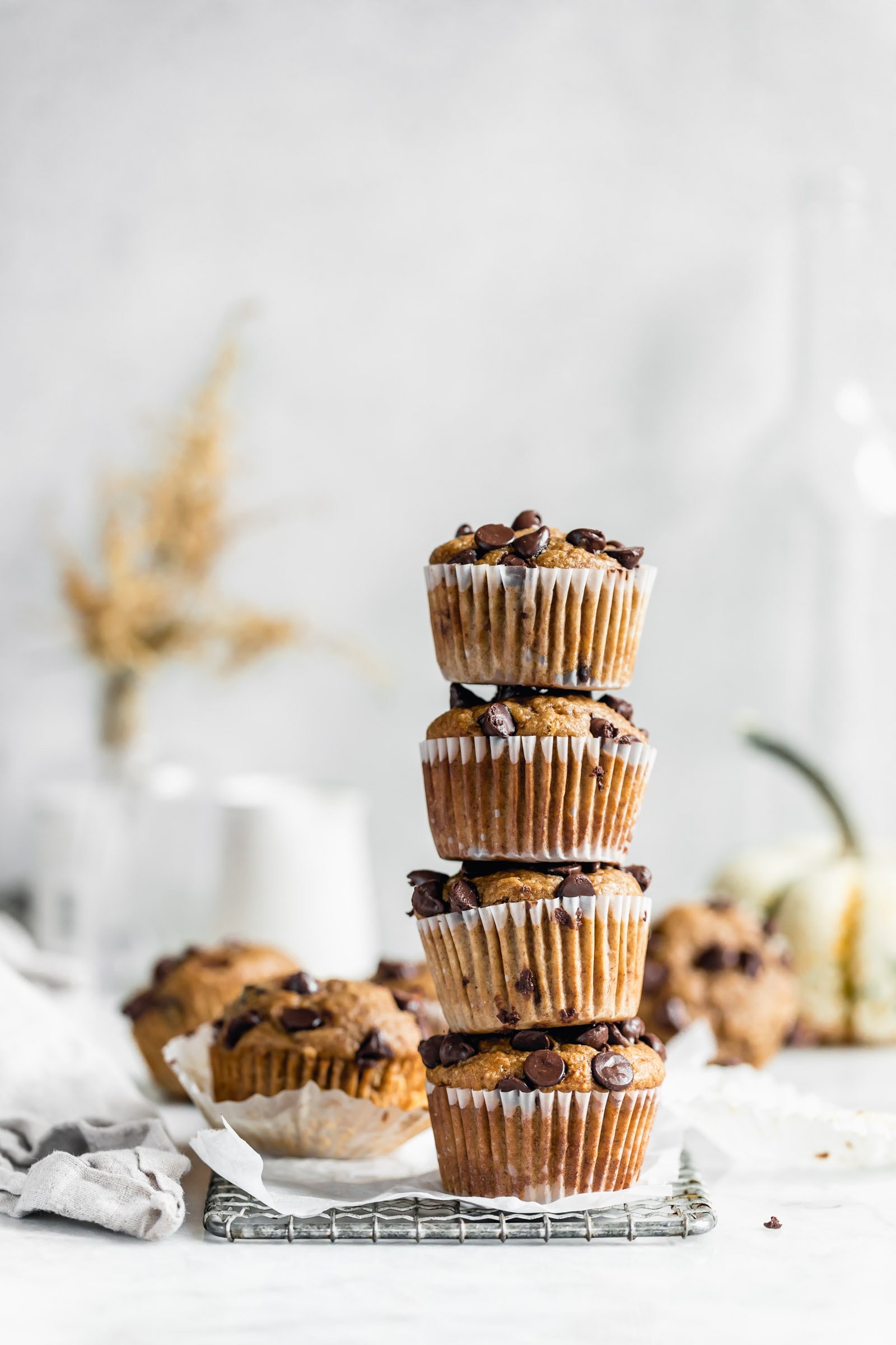 stack of healthy peanut butter banana muffins