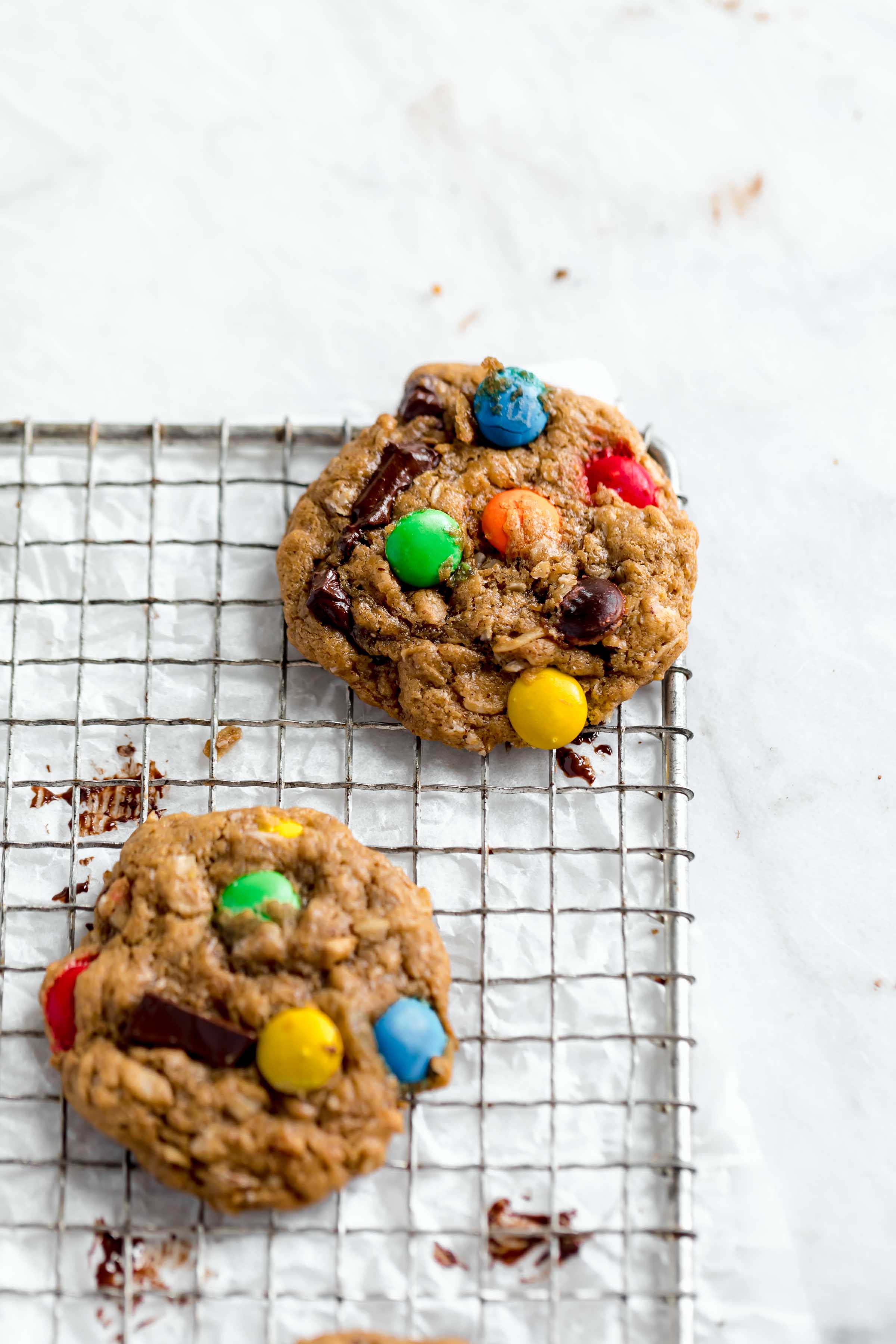 healthyish monster cookies loaded with peanut butter, m and ms and dark chocolate