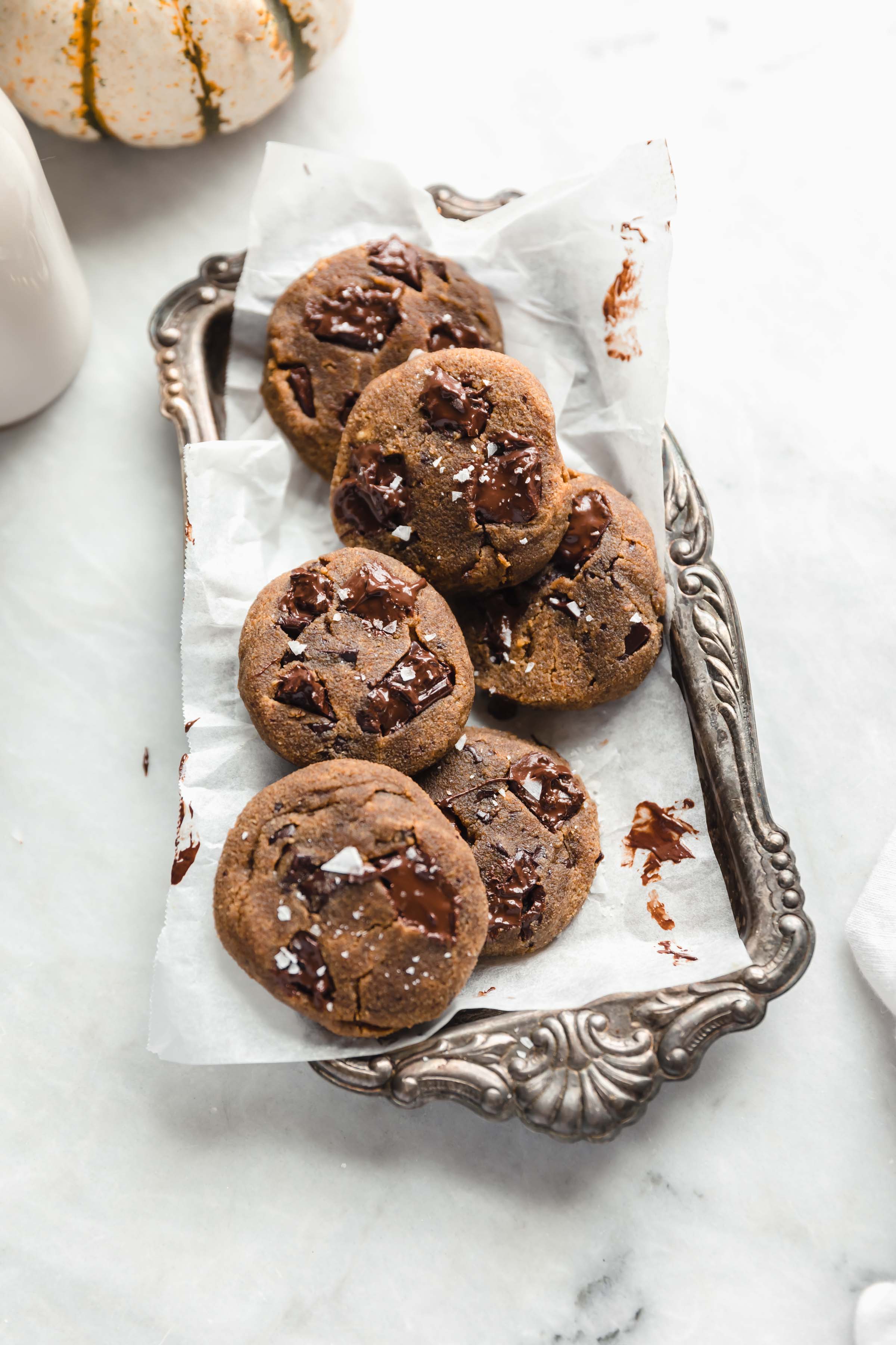 45 degree angle shot of paleo pumpkin chocolate chip cookies